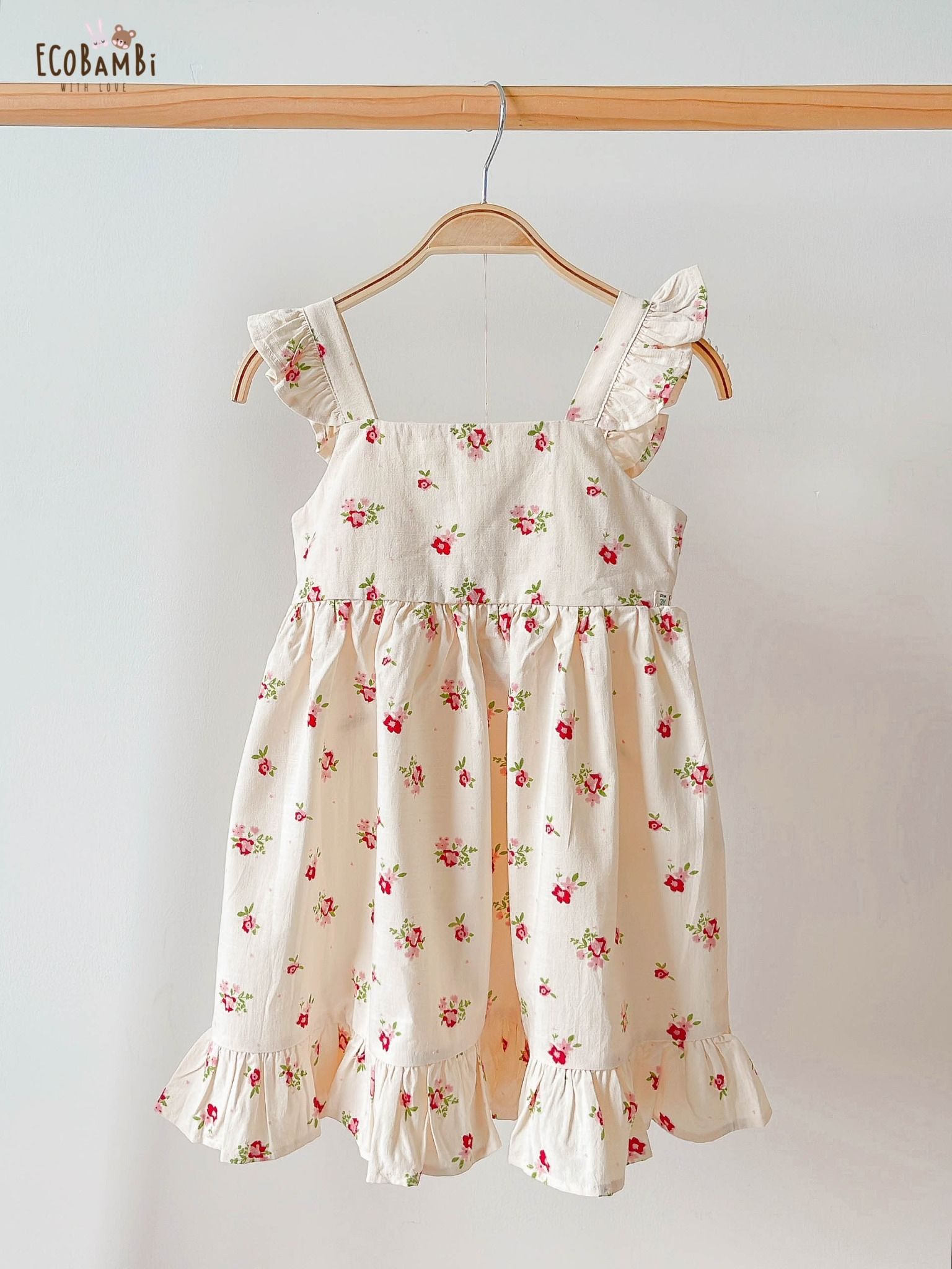 Đầm cotton gân tay cánh tiên phối lai bèo xinh xắn cho bé gái ECOBAMBI - BB-23DAMBG017 - 8935334001022