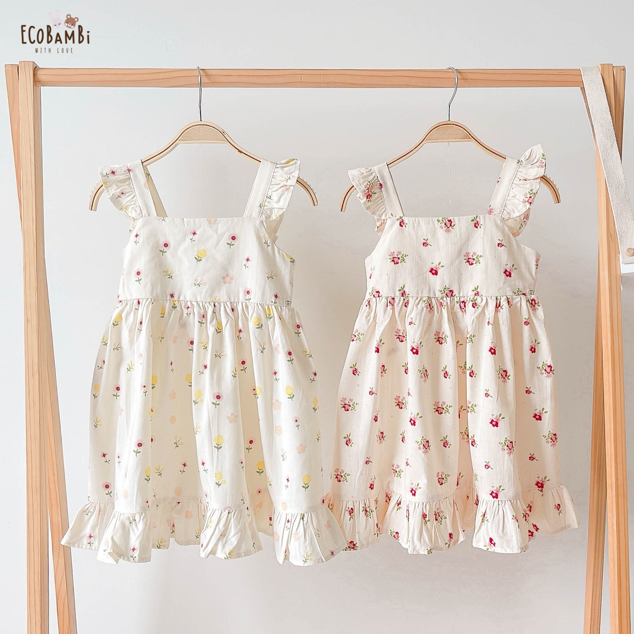 Đầm cotton gân tay cánh tiên phối lai bèo xinh xắn cho bé gái ECOBAMBI - BB-23DAMBG017 - 8935334001022