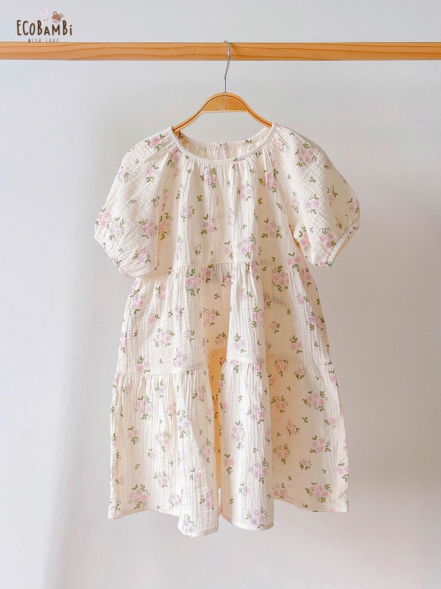 Đầm cotton muslin phối 3 tầng dáng xoè tay phồng đáng yêu cho bé gái BB-23DAMBG016 - ECOBAMBI - 8935334001046