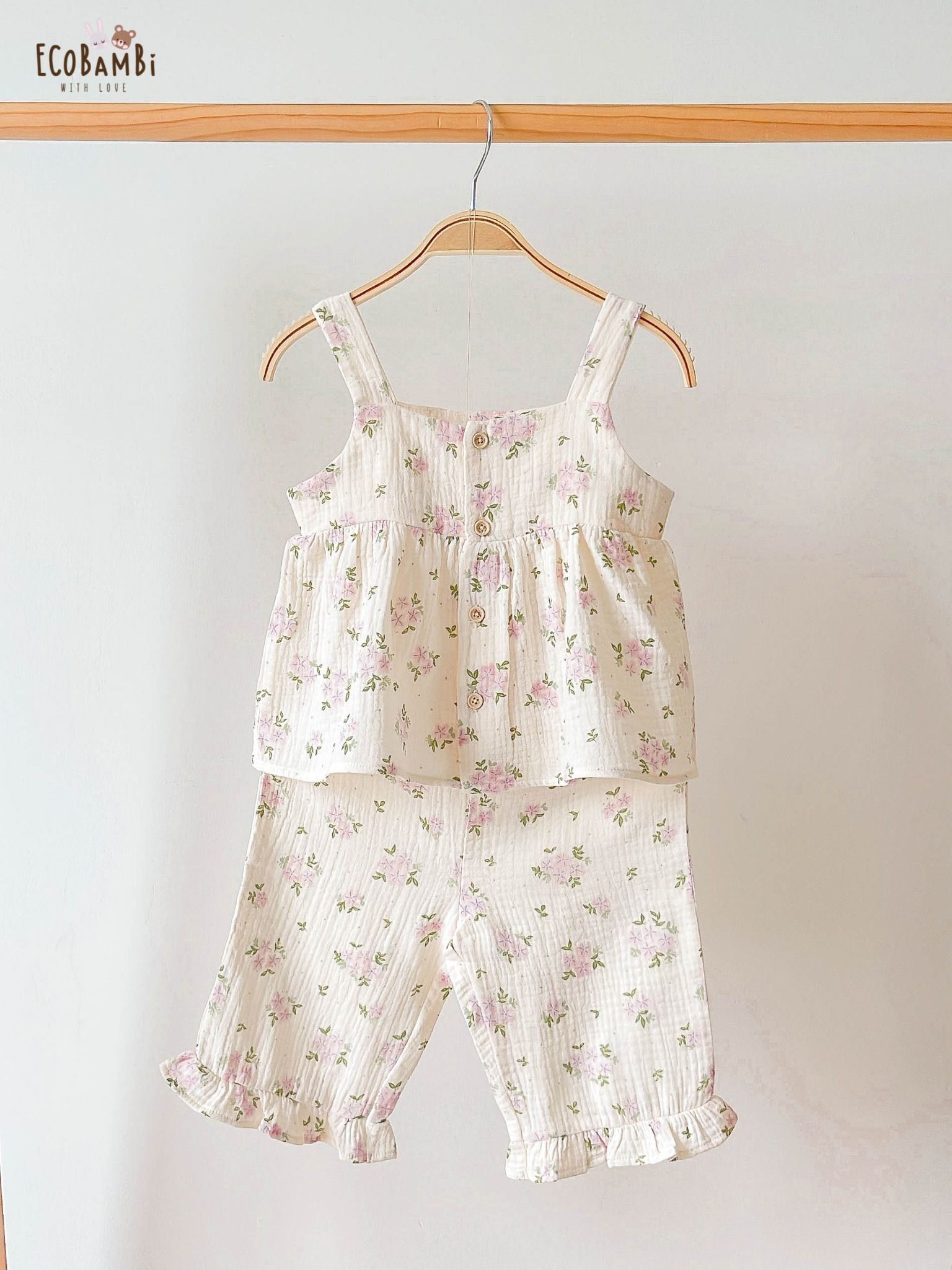 Bộ sát nách, QUẦN LỬNG cotton MUSLIN in hoạ tiết đáng yêu cho bé gái Ecobambi - BB-23BOBG007