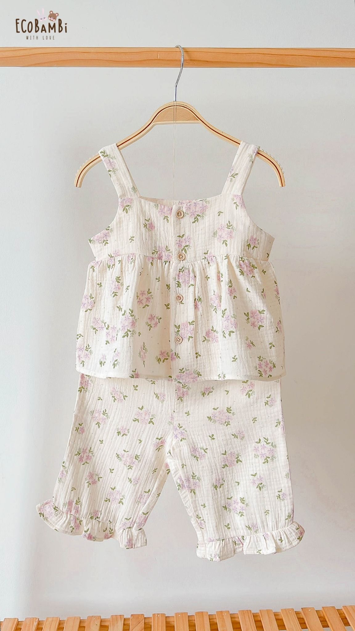 Bộ sát nách, QUẦN LỬNG cotton MUSLIN in hoạ tiết đáng yêu cho bé gái Ecobambi - BB-23BOBG007