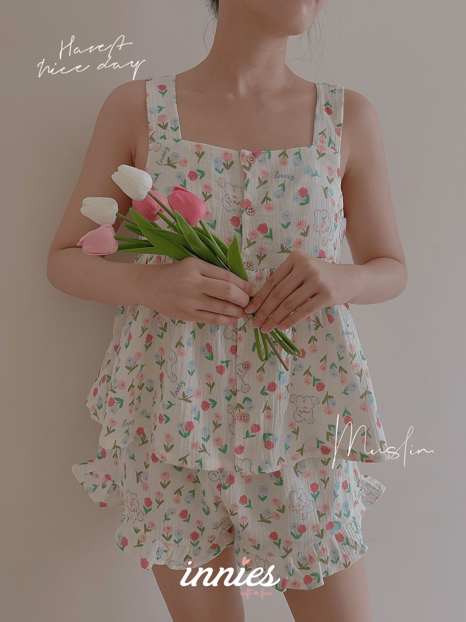 Bộ cotton muslin sát nách nút cài giữa - quần shorts bèo mặc nhà nữ Innies - IN-23BONU001 - 8935334000926
