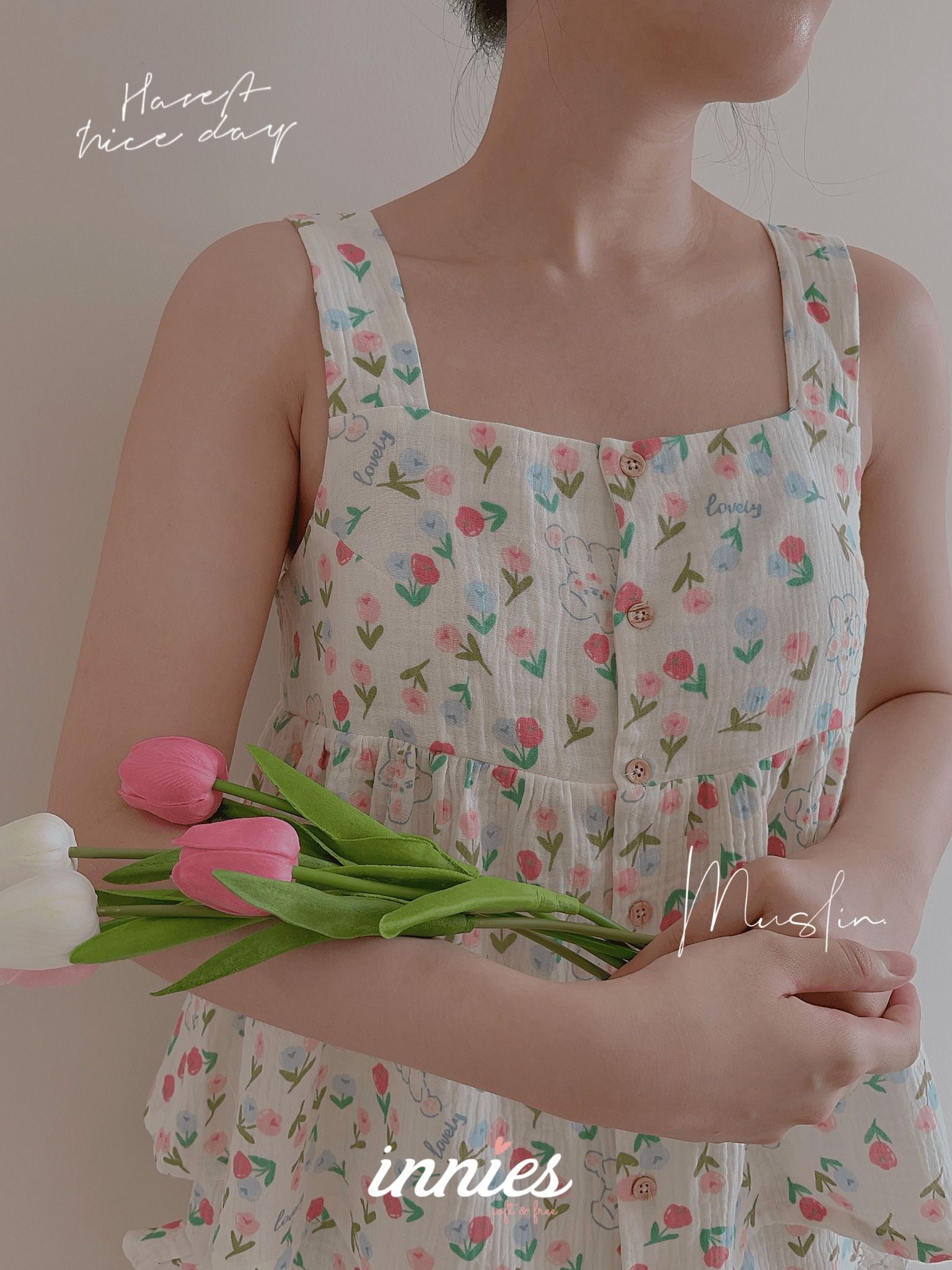 Bộ cotton muslin sát nách nút cài giữa - quần shorts bèo mặc nhà nữ Innies - IN-23BONU001 - 8935334000926