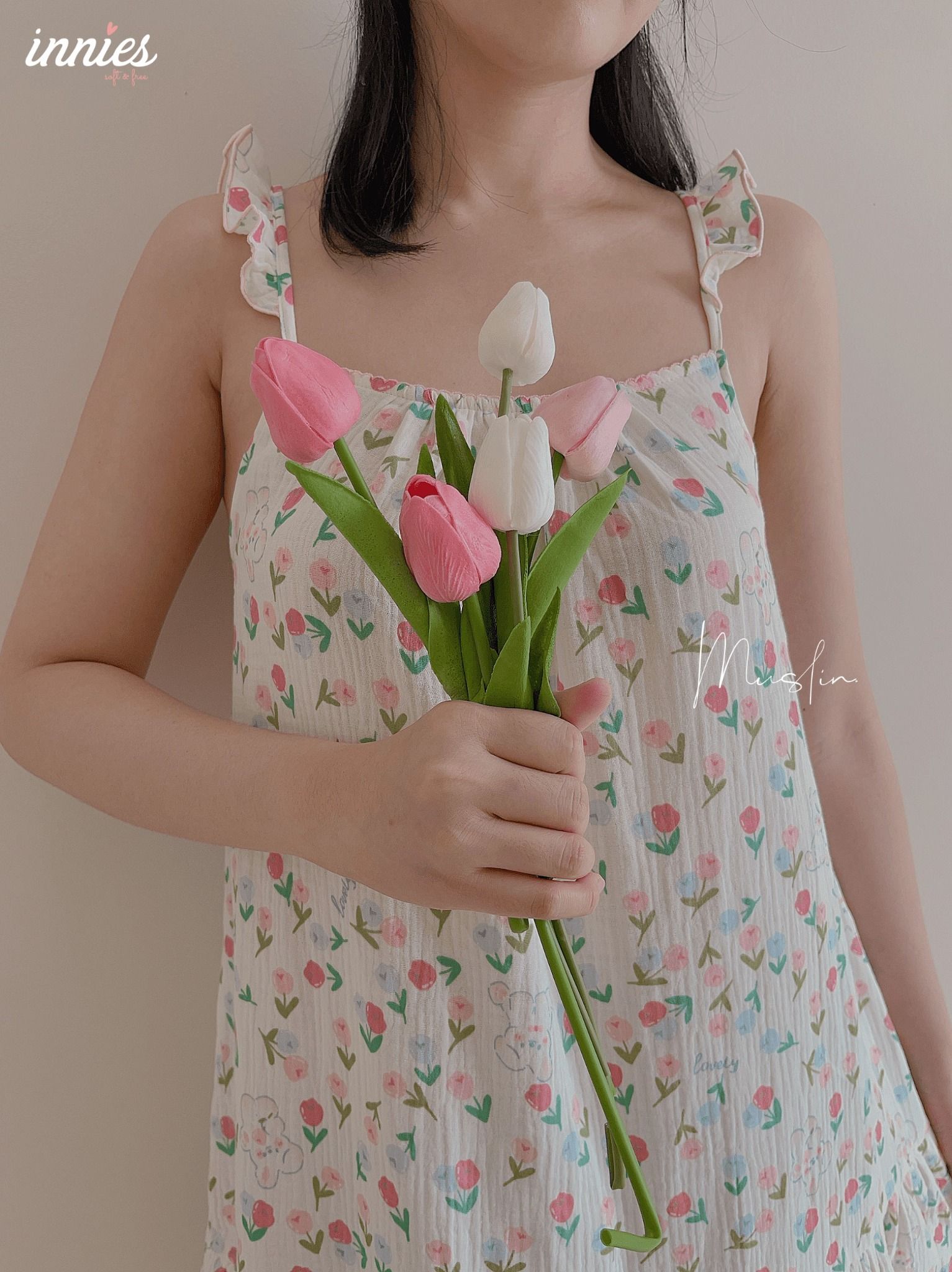 Đầm nữ 2 dây cánh tiên cotton muslin, dáng xoè in hoạ tiết đáng yêu mặc nhà cho nữ Innies - IN-23DAMNU012 - 8935334001152