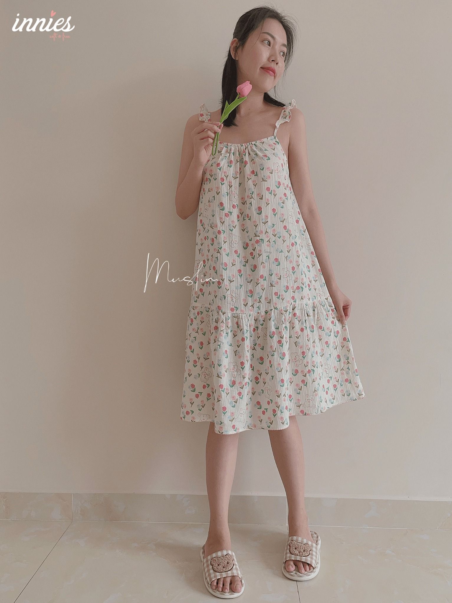 Đầm nữ 2 dây cánh tiên cotton muslin, dáng xoè in hoạ tiết đáng yêu mặc nhà cho nữ Innies - IN-23DAMNU012 - 8935334001152