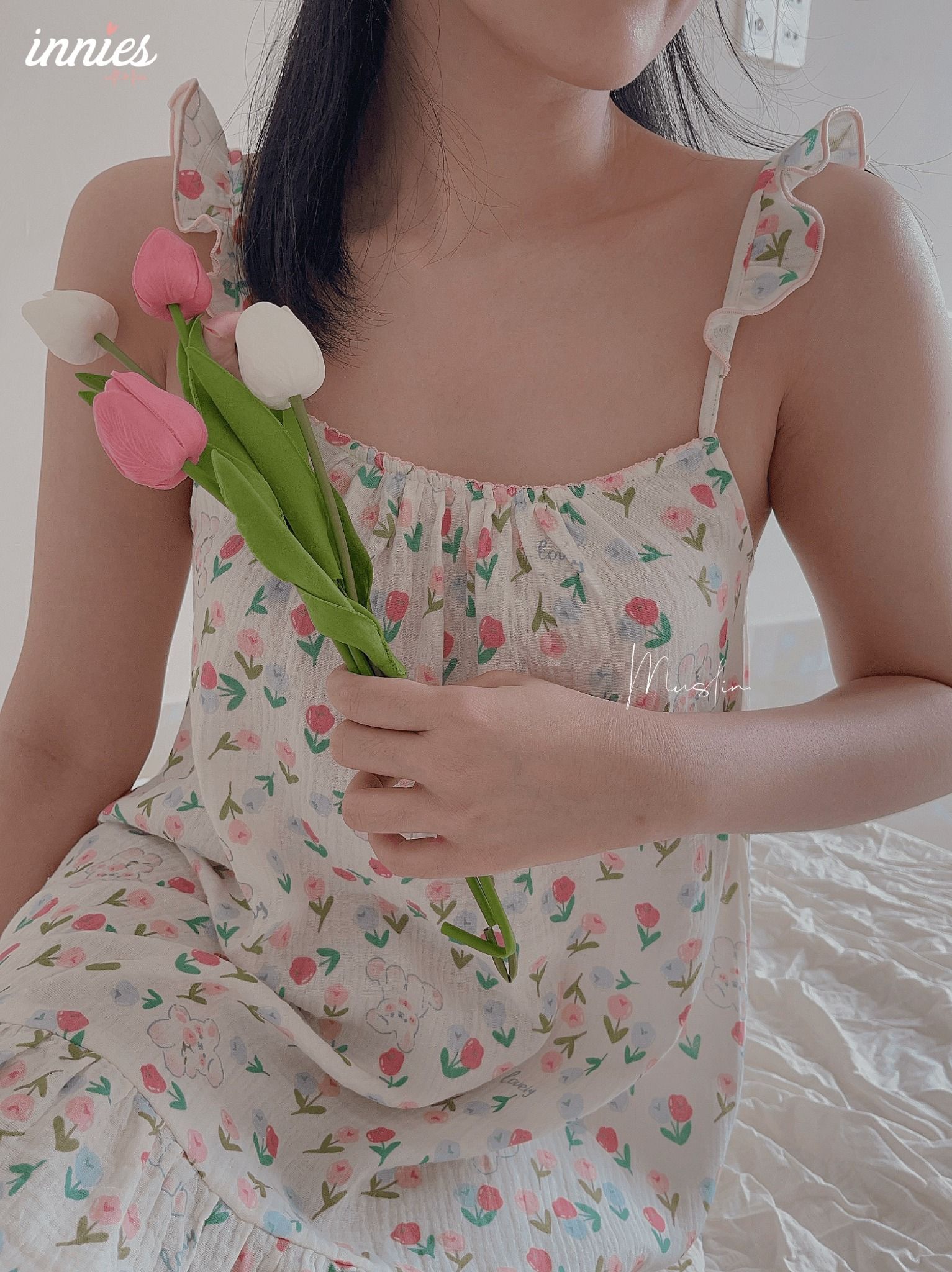 Đầm nữ 2 dây cánh tiên cotton muslin, dáng xoè in hoạ tiết đáng yêu mặc nhà cho nữ Innies - IN-23DAMNU012 - 8935334001152