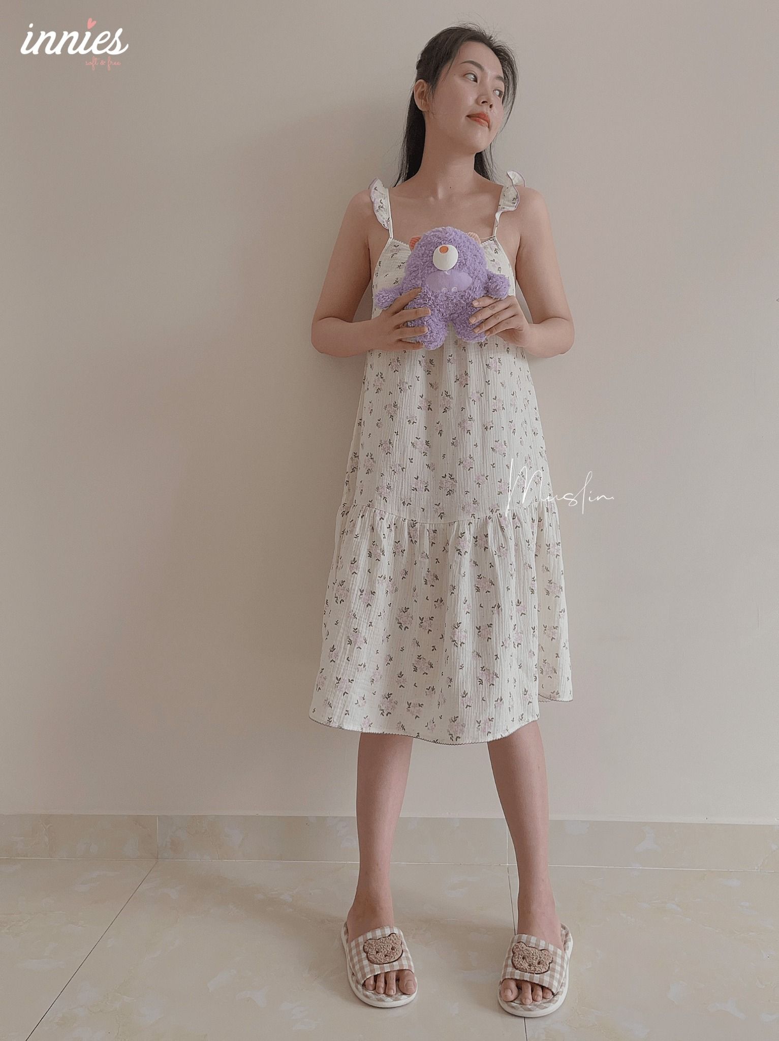 Đầm nữ 2 dây cánh tiên cotton muslin, dáng xoè in hoạ tiết đáng yêu mặc nhà cho nữ Innies - IN-23DAMNU012 - 8935334001152