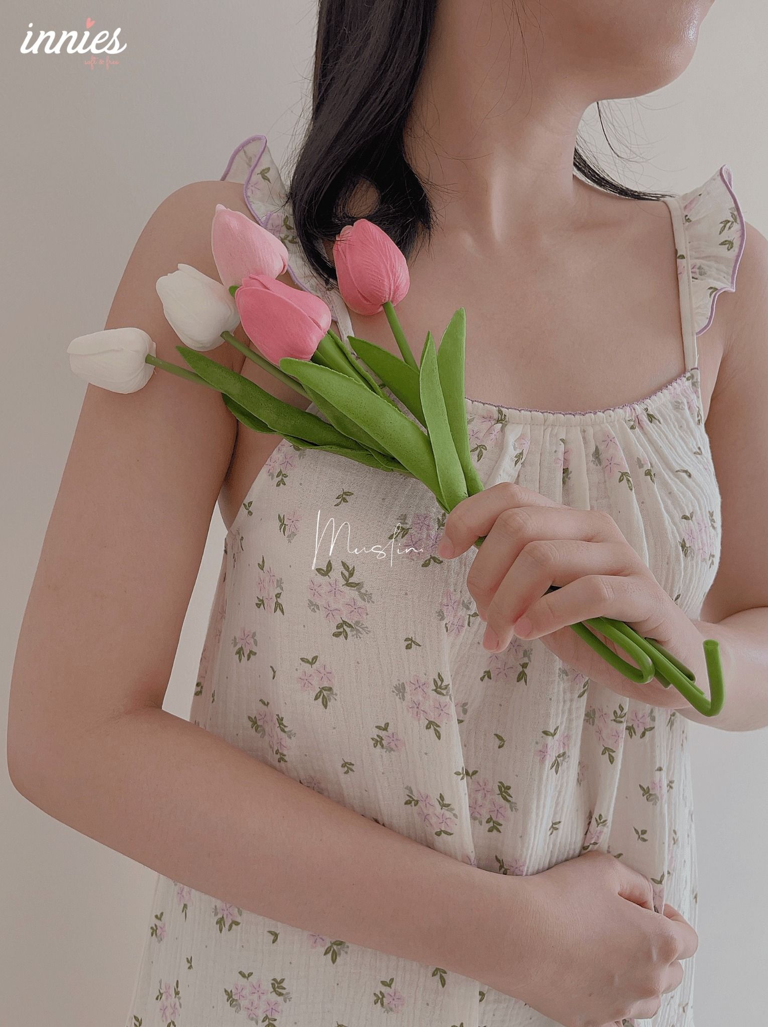 Đầm nữ 2 dây cánh tiên cotton muslin, dáng xoè in hoạ tiết đáng yêu mặc nhà cho nữ Innies - IN-23DAMNU012 - 8935334001152