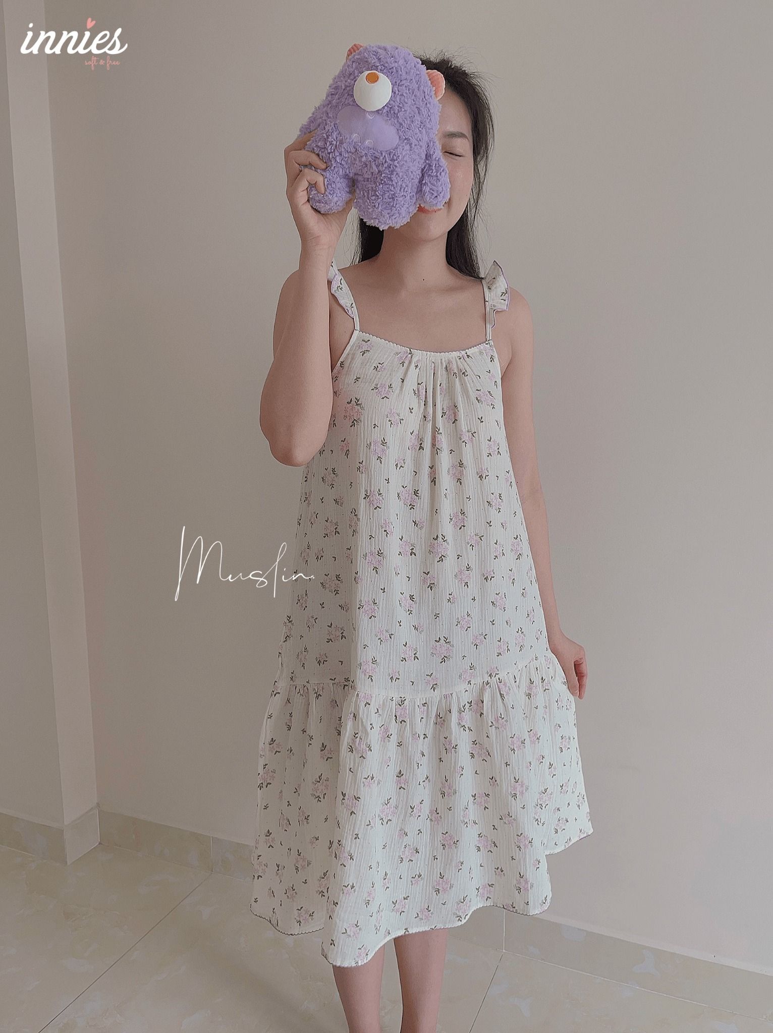Đầm nữ 2 dây cánh tiên cotton muslin, dáng xoè in hoạ tiết đáng yêu mặc nhà cho nữ Innies - IN-23DAMNU012 - 8935334001152