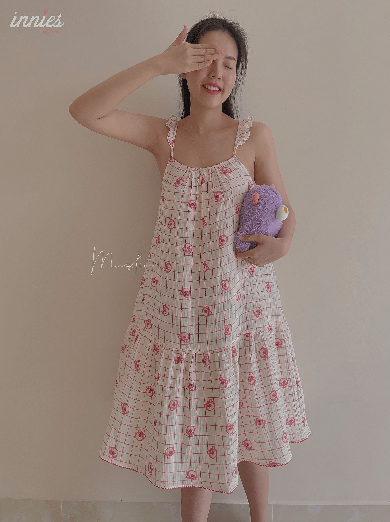 Đầm nữ 2 dây cánh tiên cotton muslin, dáng xoè in hoạ tiết đáng yêu mặc nhà cho nữ Innies - IN-23DAMNU012 - 8935334001152