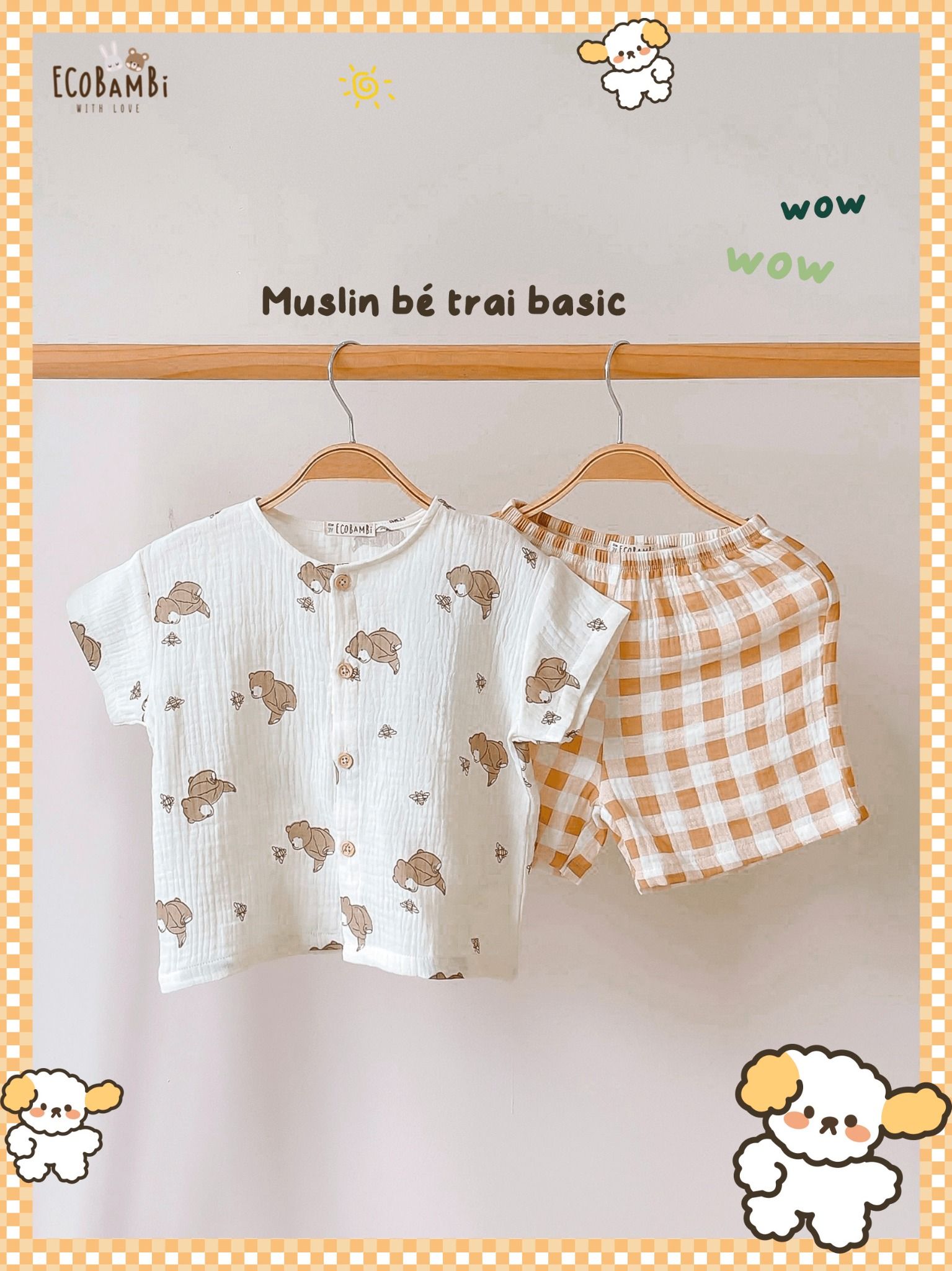 Bộ cotton Muslin Unisex tay ngắn, QUẦN SHORTS phong cách Hàn Quốc ECOBAMBI - BB-23BOBT052 - 8935334001374