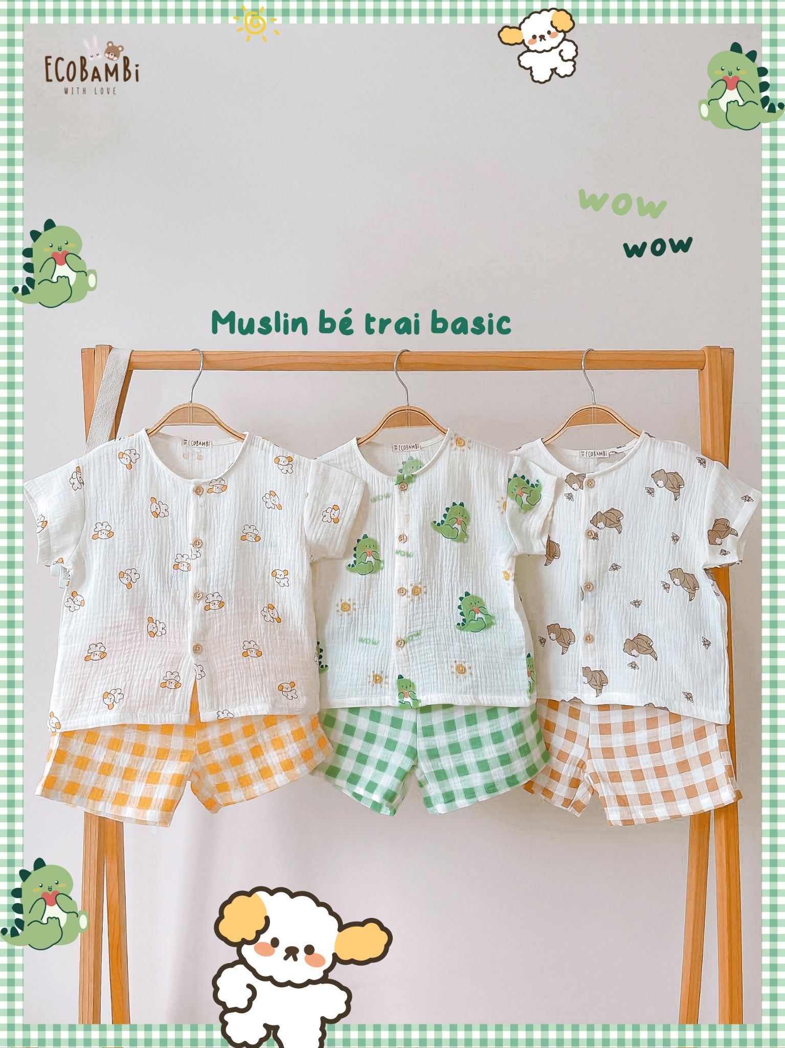 Bộ cotton Muslin Unisex tay ngắn, QUẦN SHORTS phong cách Hàn Quốc ECOBAMBI - BB-23BOBT052 - 8935334001374