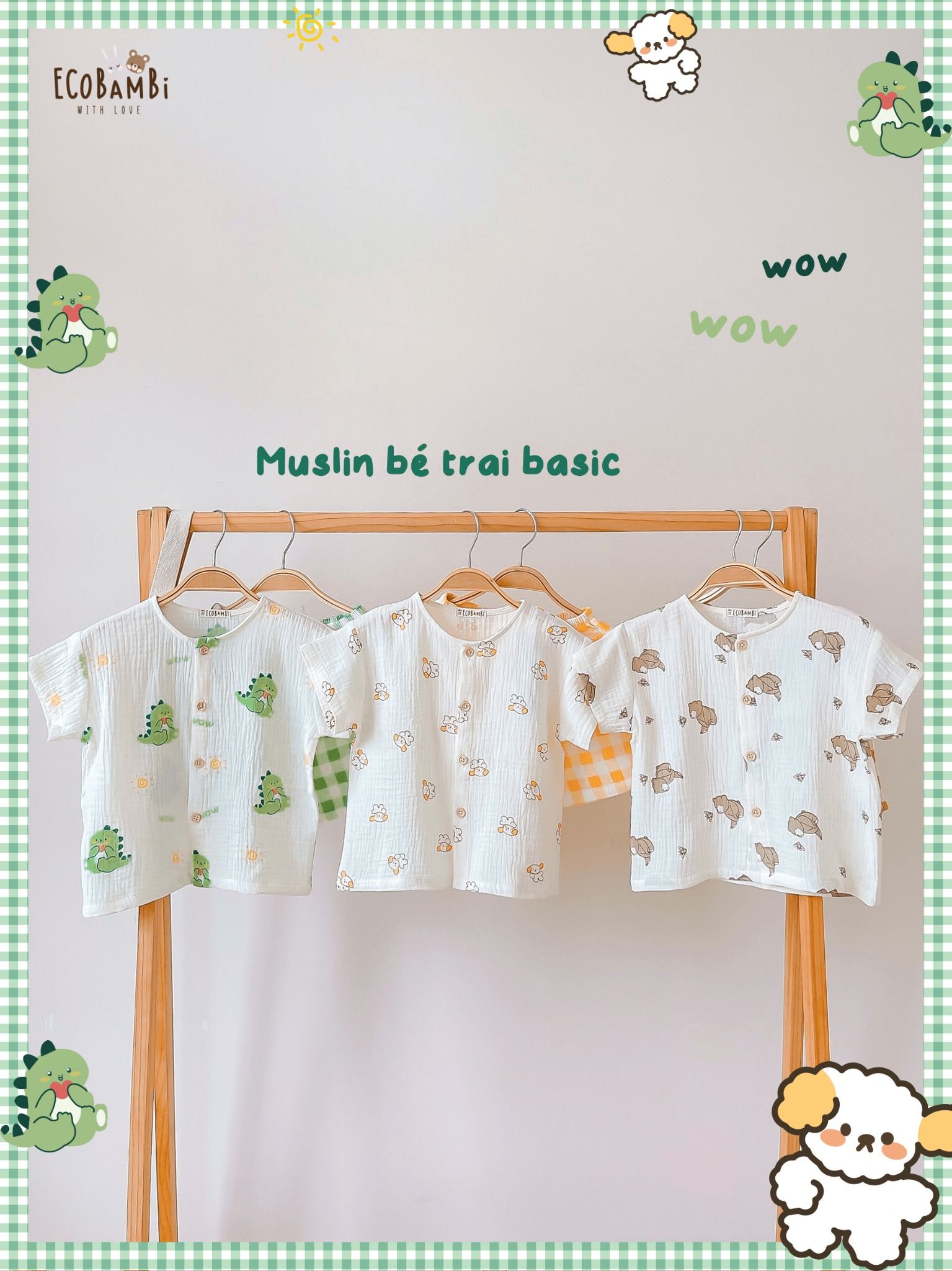 Bộ cotton Muslin Unisex tay ngắn, QUẦN SHORTS phong cách Hàn Quốc ECOBAMBI - BB-23BOBT052 - 8935334001374