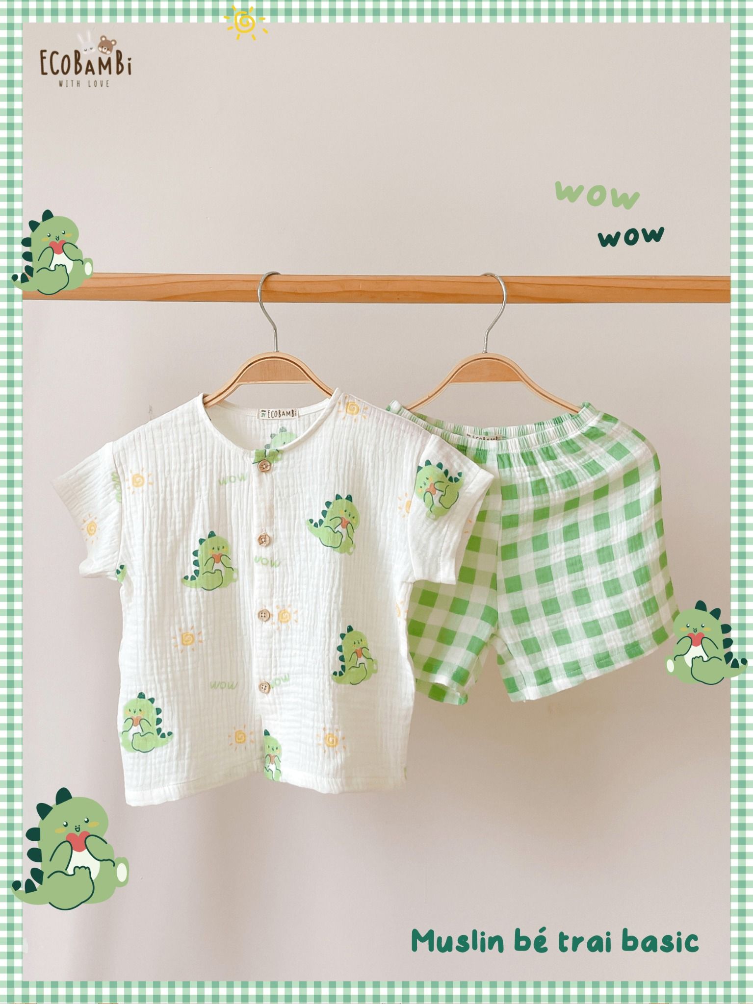 Bộ cotton Muslin Unisex tay ngắn, QUẦN SHORTS phong cách Hàn Quốc ECOBAMBI - BB-23BOBT052 - 8935334001374