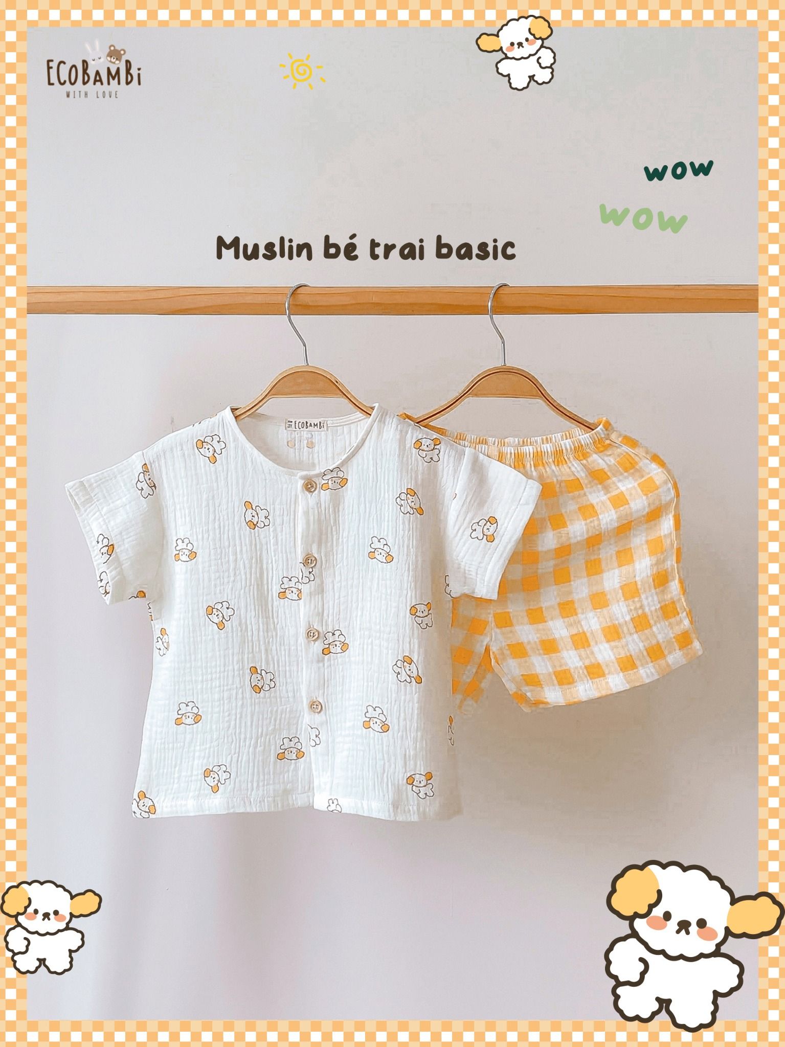 Bộ cotton Muslin Unisex tay ngắn, QUẦN SHORTS phong cách Hàn Quốc ECOBAMBI - BB-23BOBT052 - 8935334001374