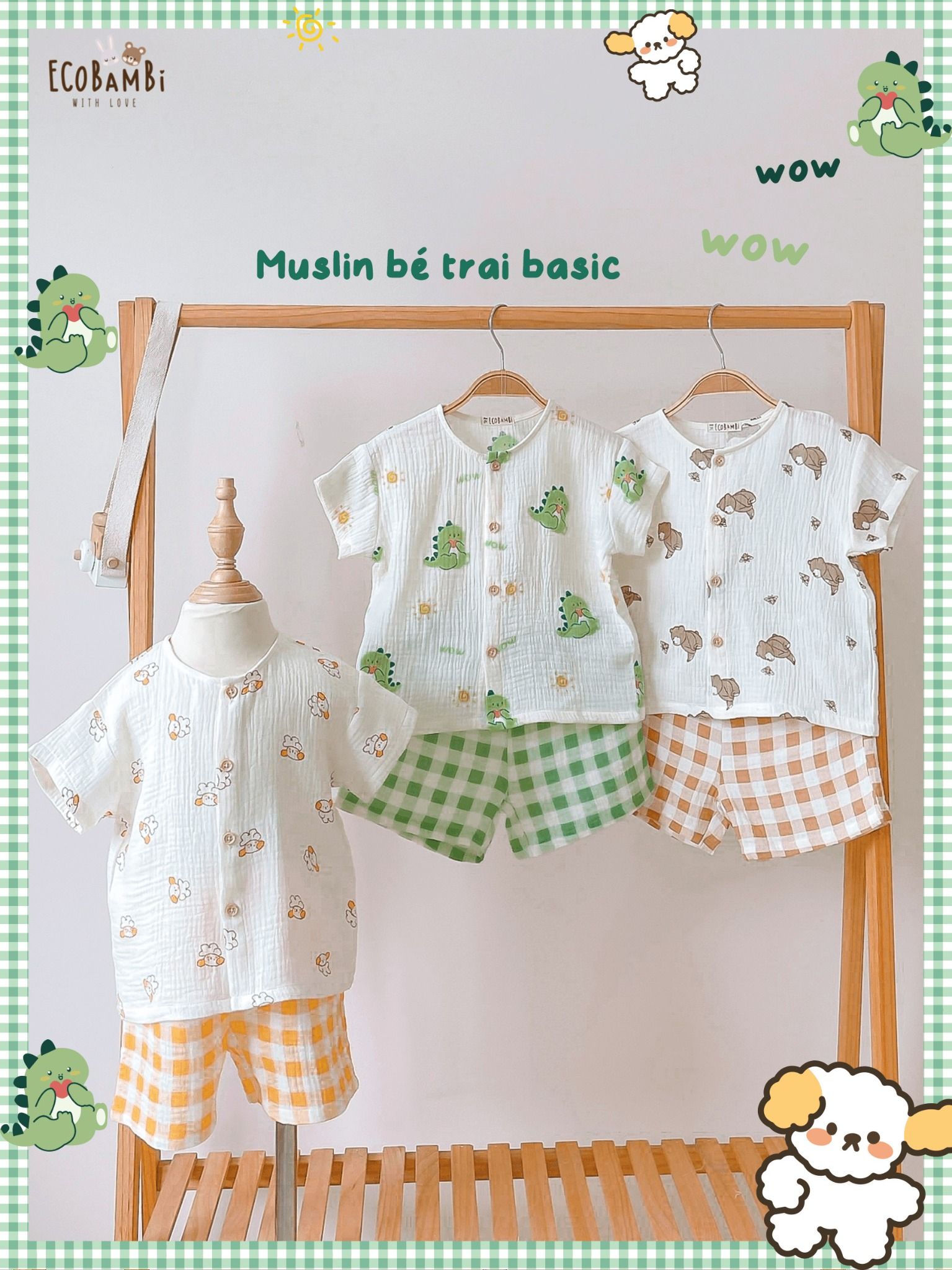 Bộ cotton Muslin Unisex tay ngắn, QUẦN SHORTS phong cách Hàn Quốc ECOBAMBI - BB-23BOBT052 - 8935334001374