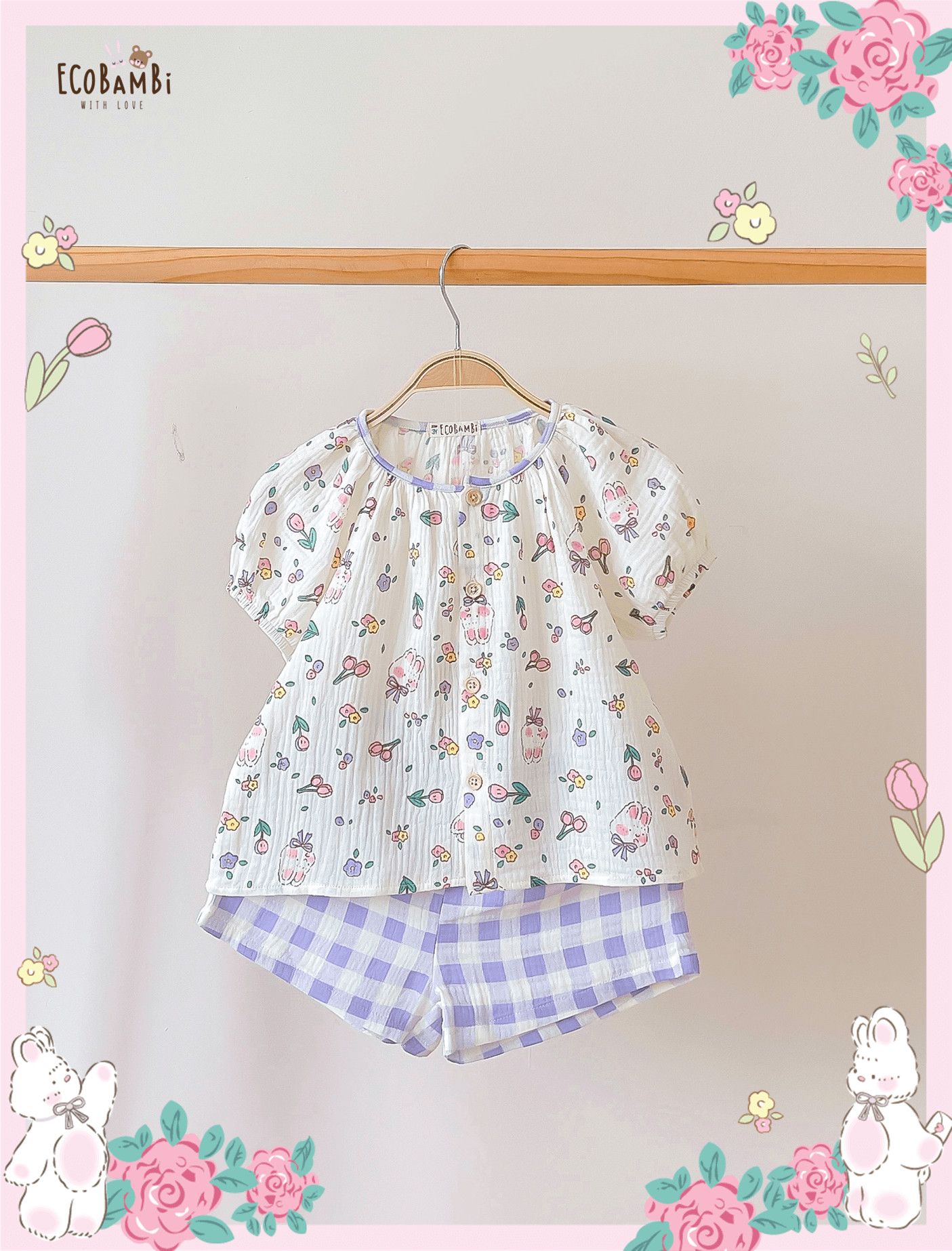 Bộ muslin tay phồng - quần shorts bé gái ECOBAMBI - BB-23BOBG053 - 8935334001367