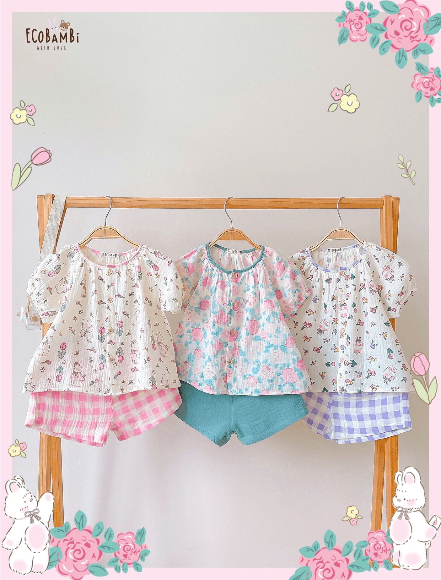 Bộ muslin tay phồng - quần shorts bé gái ECOBAMBI - BB-23BOBG053 - 8935334001367