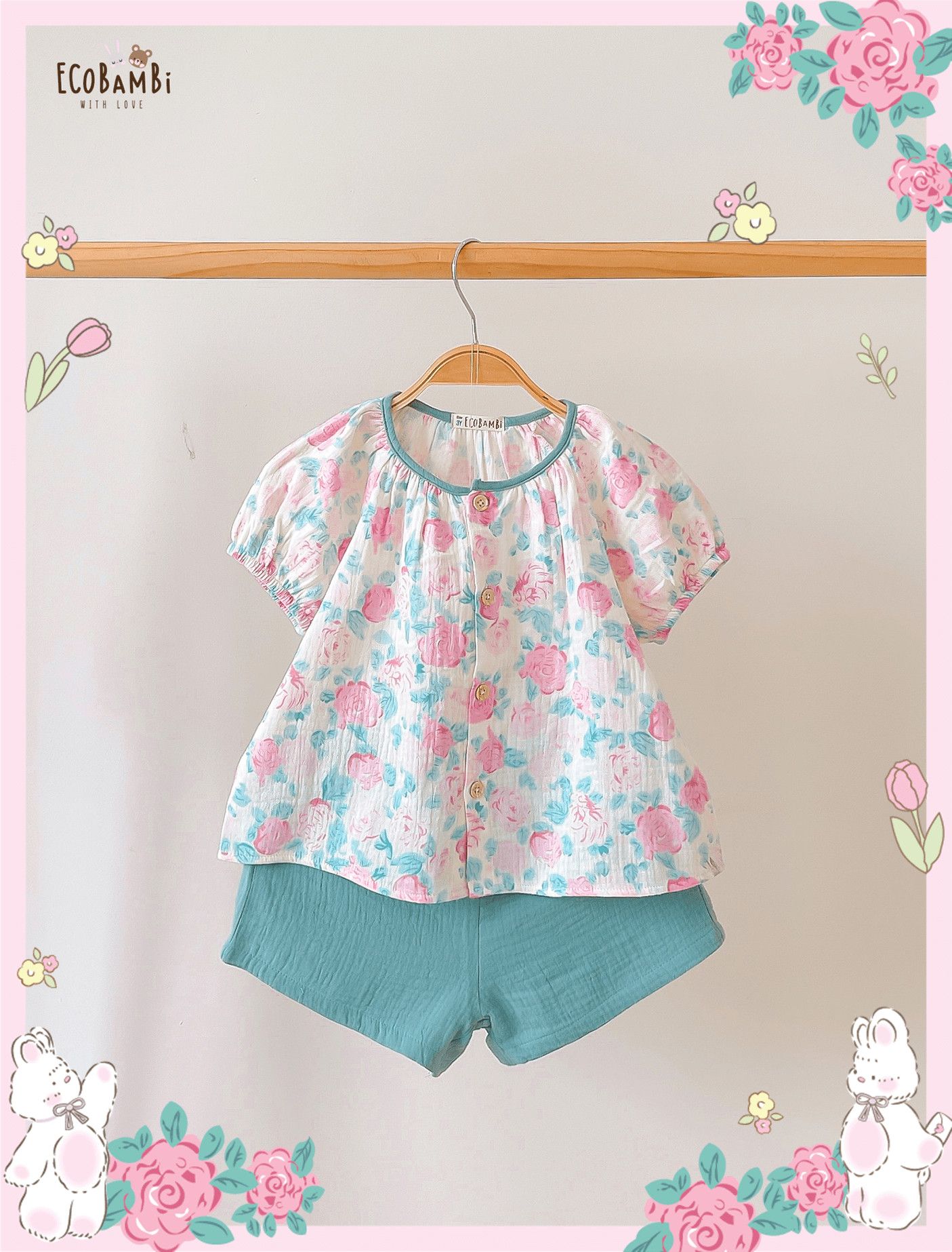 Bộ muslin tay phồng - quần shorts bé gái ECOBAMBI - BB-23BOBG053 - 8935334001367