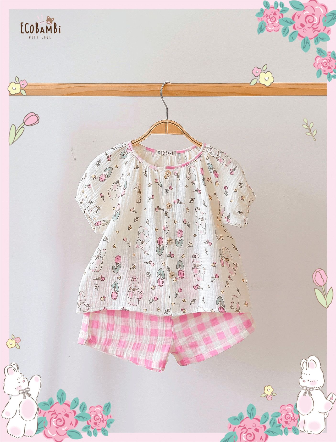Bộ muslin tay phồng - quần shorts bé gái ECOBAMBI - BB-23BOBG053 - 8935334001367