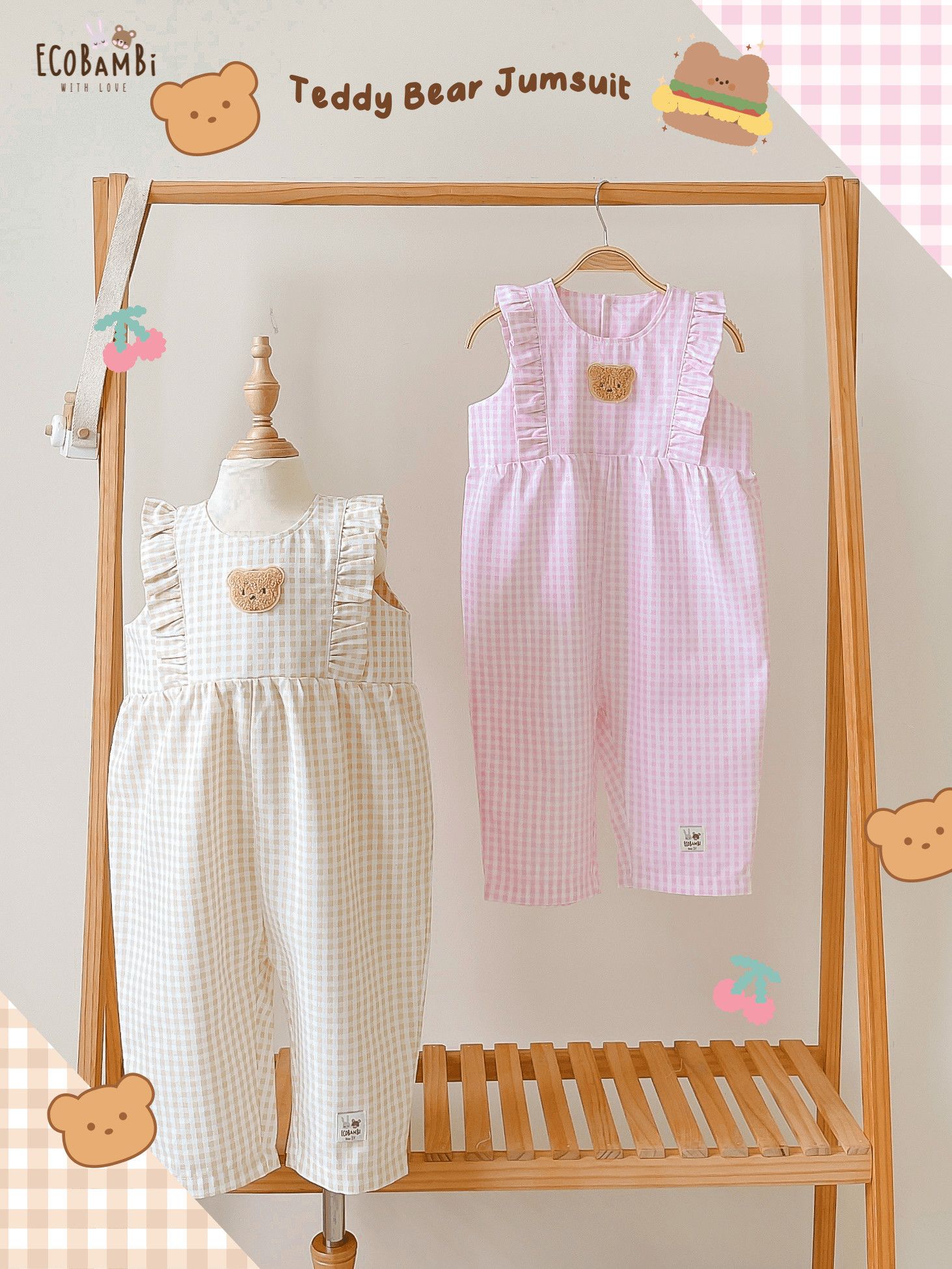 Jumpsuit linen caro phối bèo bé gái đính gấu BB-23JUMPBG056 - 8935334001343