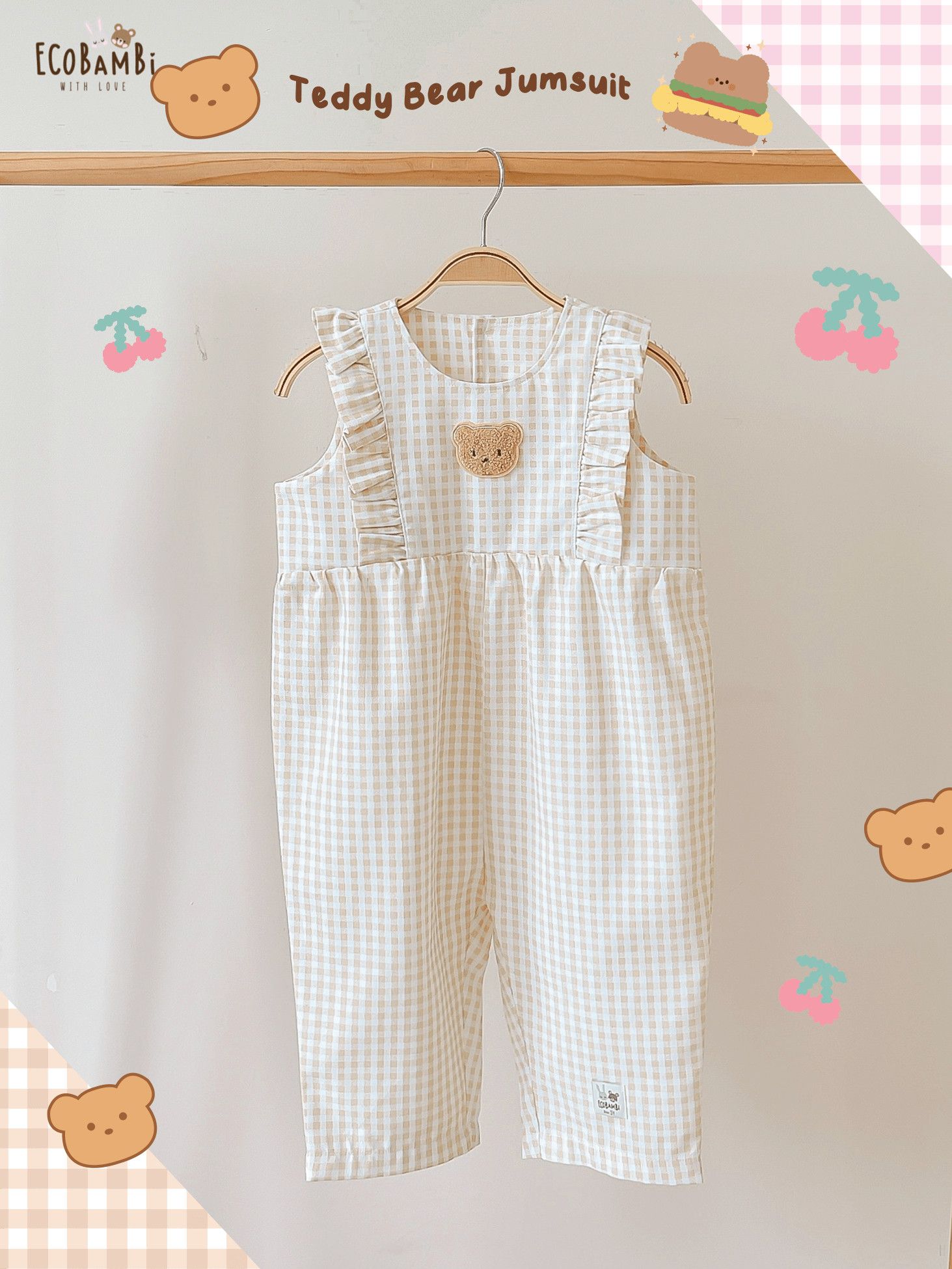 Jumpsuit linen caro phối bèo bé gái đính gấu BB-23JUMPBG056 - 8935334001343
