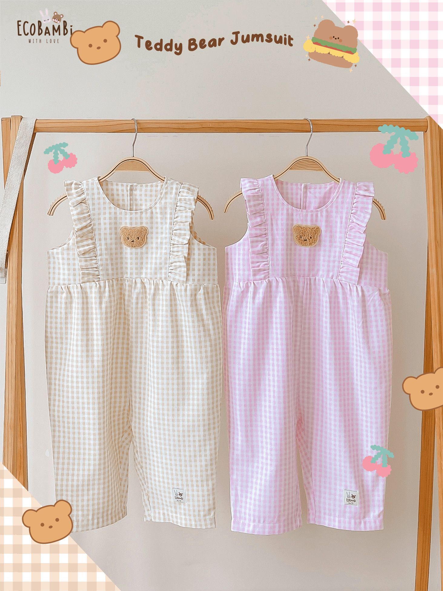 Jumpsuit linen caro phối bèo bé gái đính gấu BB-23JUMPBG056 - 8935334001343