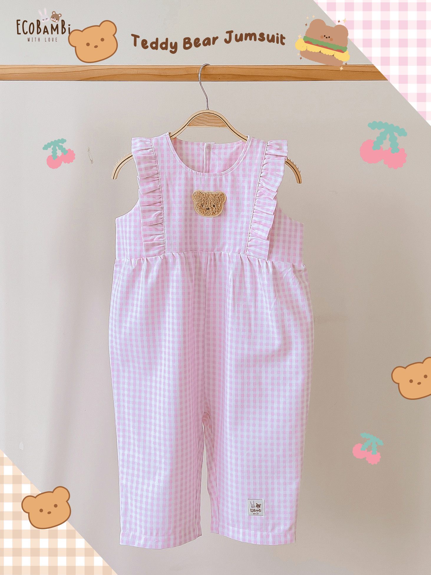 Jumpsuit linen caro phối bèo bé gái đính gấu BB-23JUMPBG056 - 8935334001343