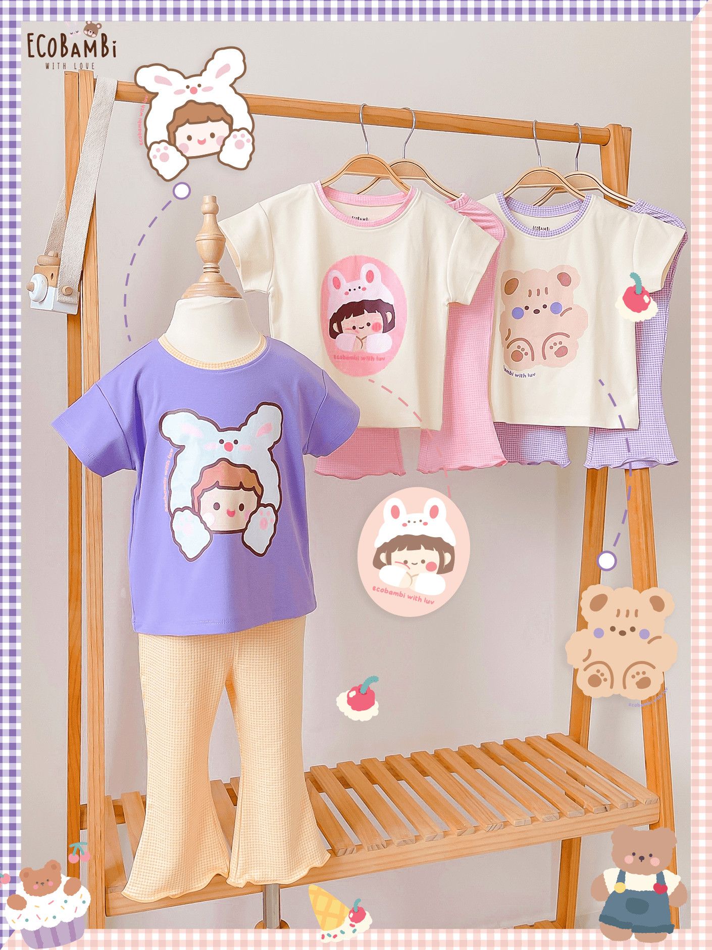 Bộ thun cotton tay ngắn, quần lỡ ống loe caro cho bé gái - BB-23BOBG004 - 8935334001213