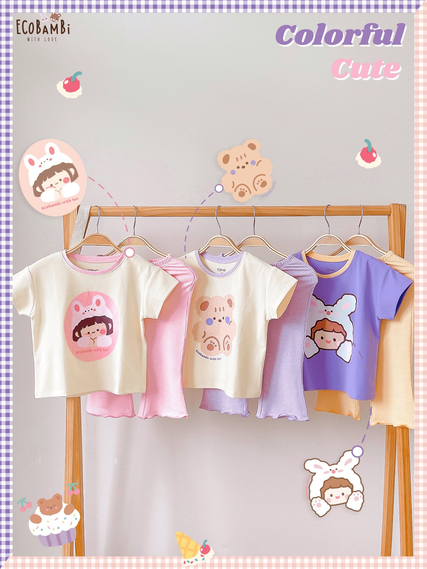 Bộ thun cotton tay ngắn, quần lỡ ống loe caro cho bé gái - BB-23BOBG004 - 8935334001213