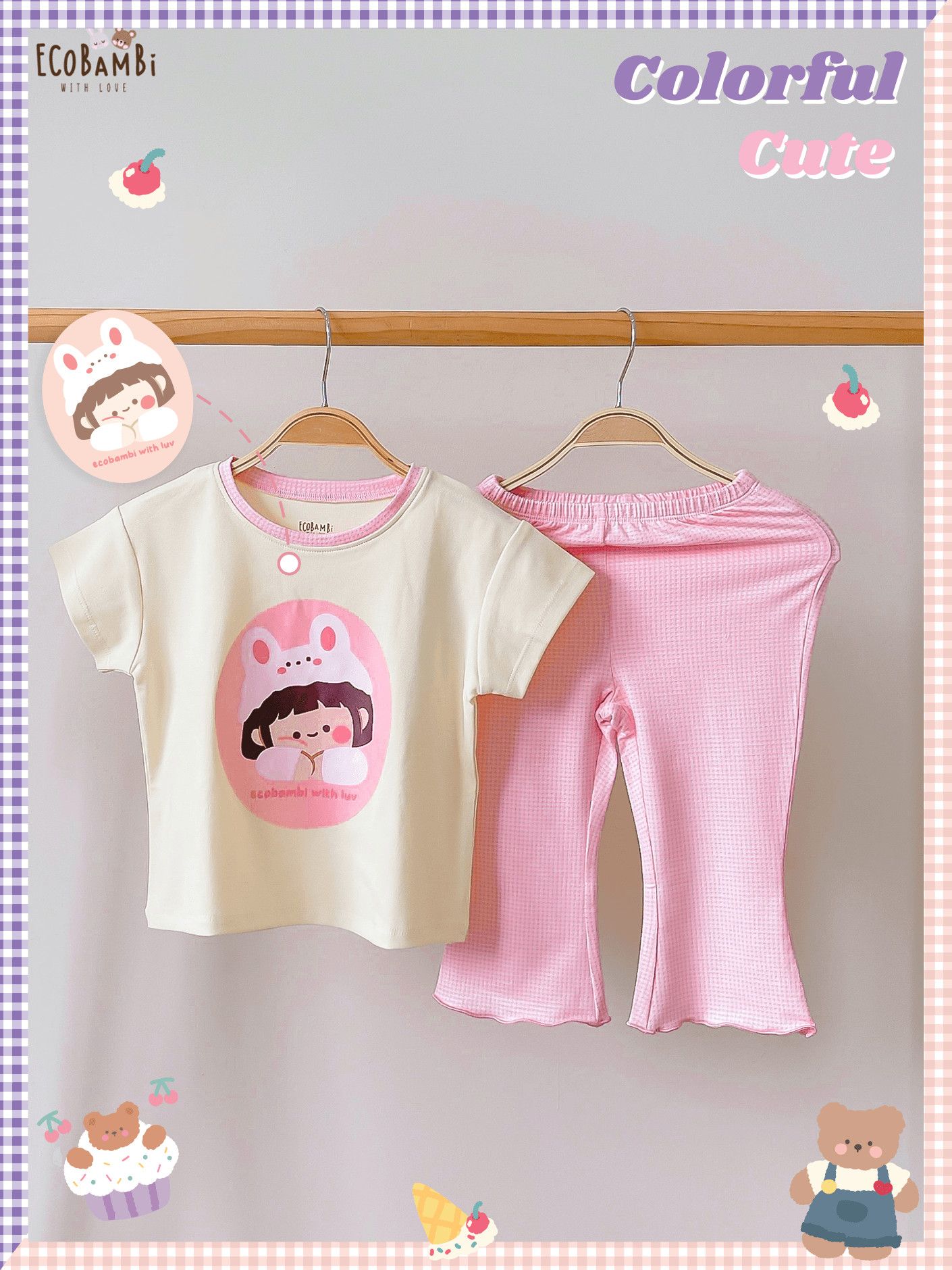 Bộ thun cotton tay ngắn, quần lỡ ống loe caro cho bé gái - BB-23BOBG004 - 8935334001213