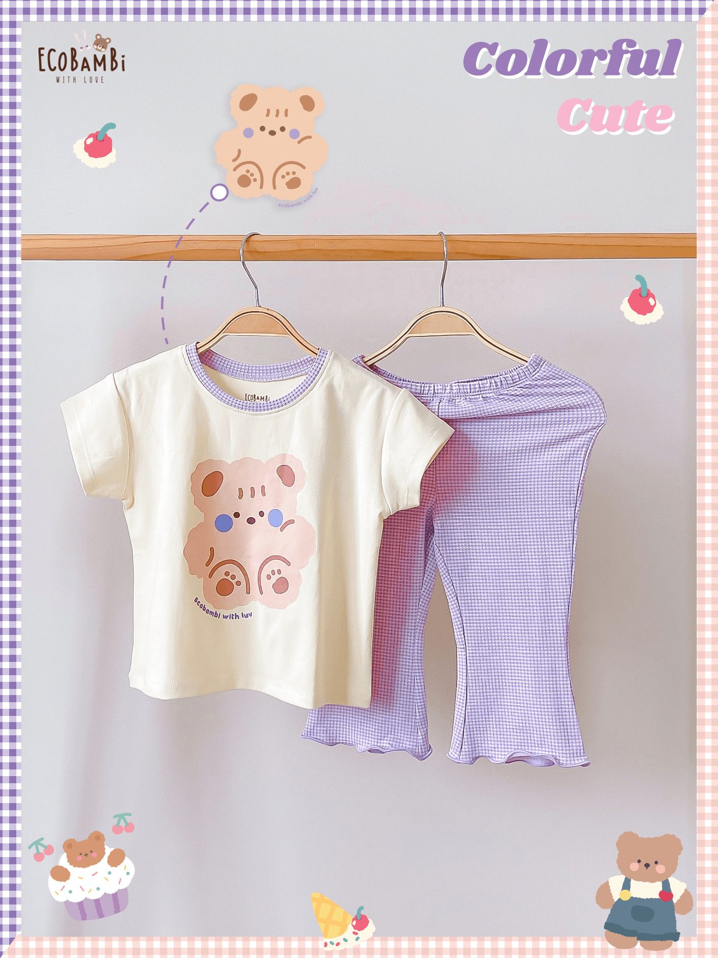 Bộ thun cotton tay ngắn, quần lỡ ống loe caro cho bé gái - BB-23BOBG004 - 8935334001213
