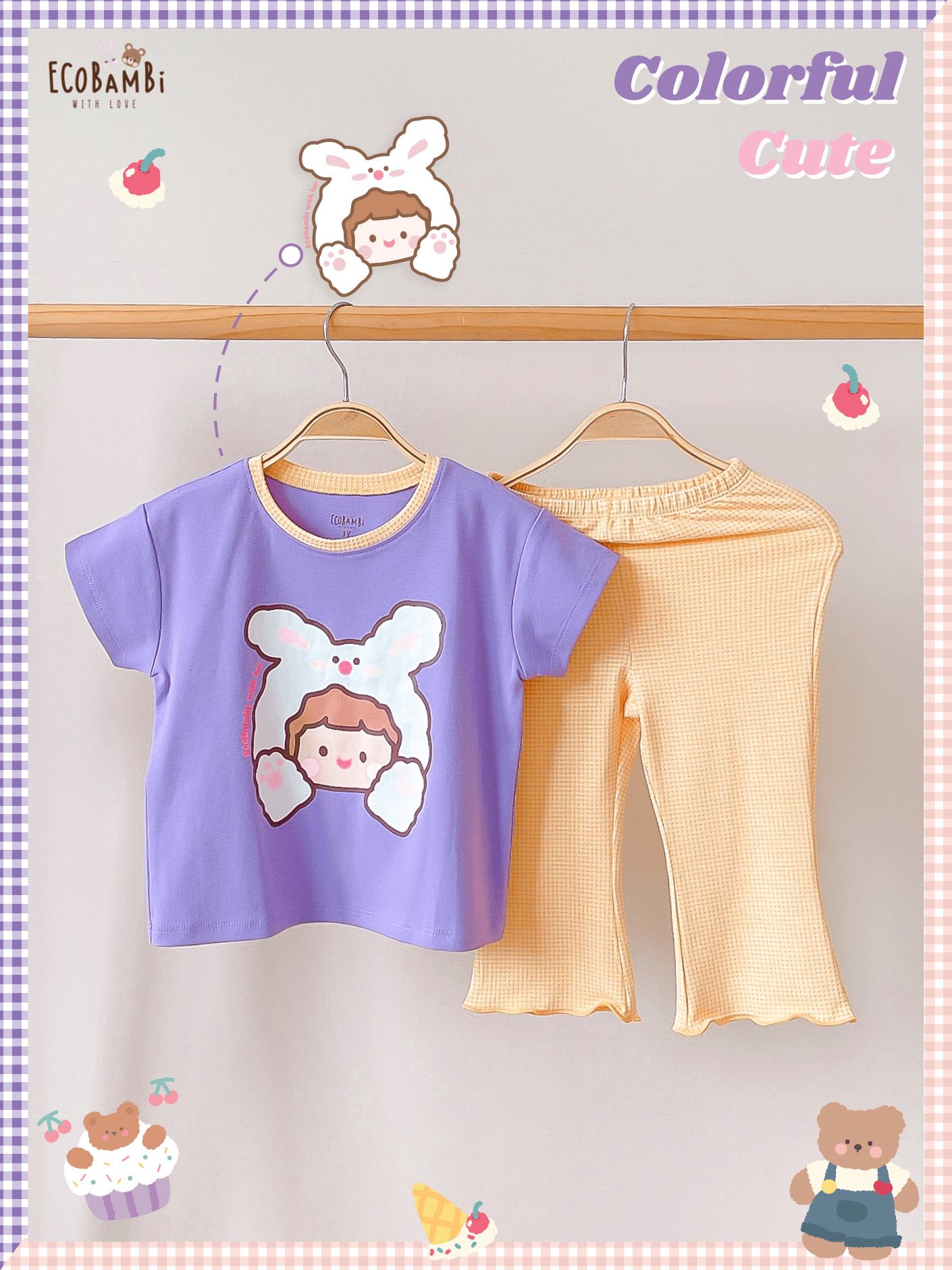 Bộ thun cotton tay ngắn, quần lỡ ống loe caro cho bé gái - BB-23BOBG004 - 8935334001213
