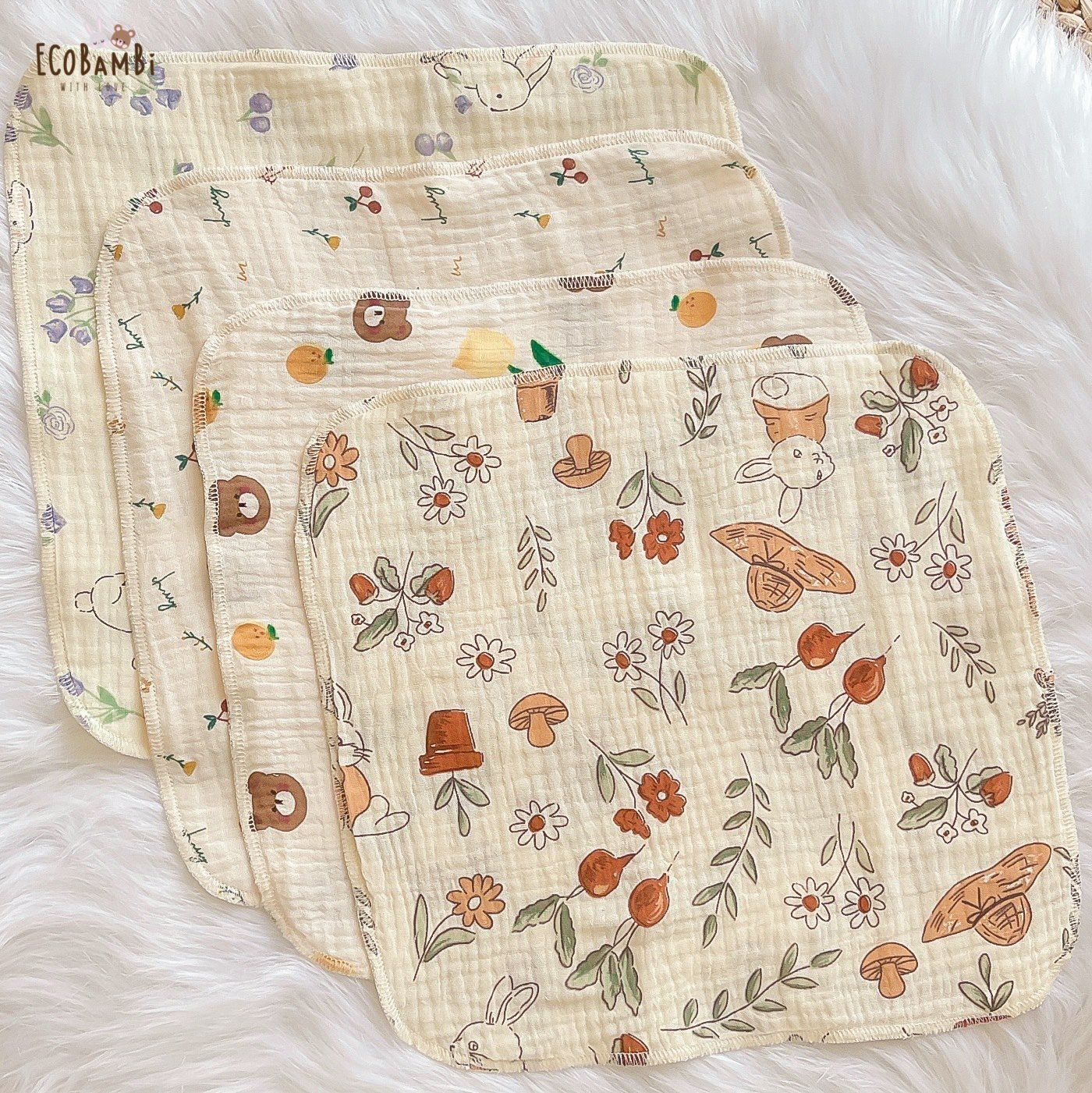 Khăn sữa, khăn xô muslin cho bé in hoạ tiết hoa dễ thương Ecobambi