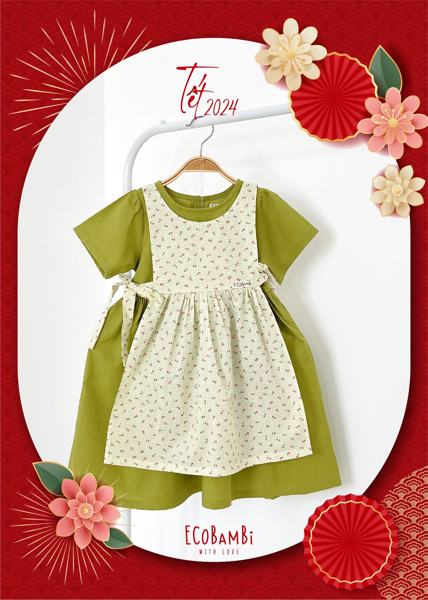 Set đầm phối yếm, thiết kế mang đậm phong cách Nhật Bản cao cấp dành cho tiểu công chúa chất liệu linen - cotton ECOBAMBI - 8935334000865