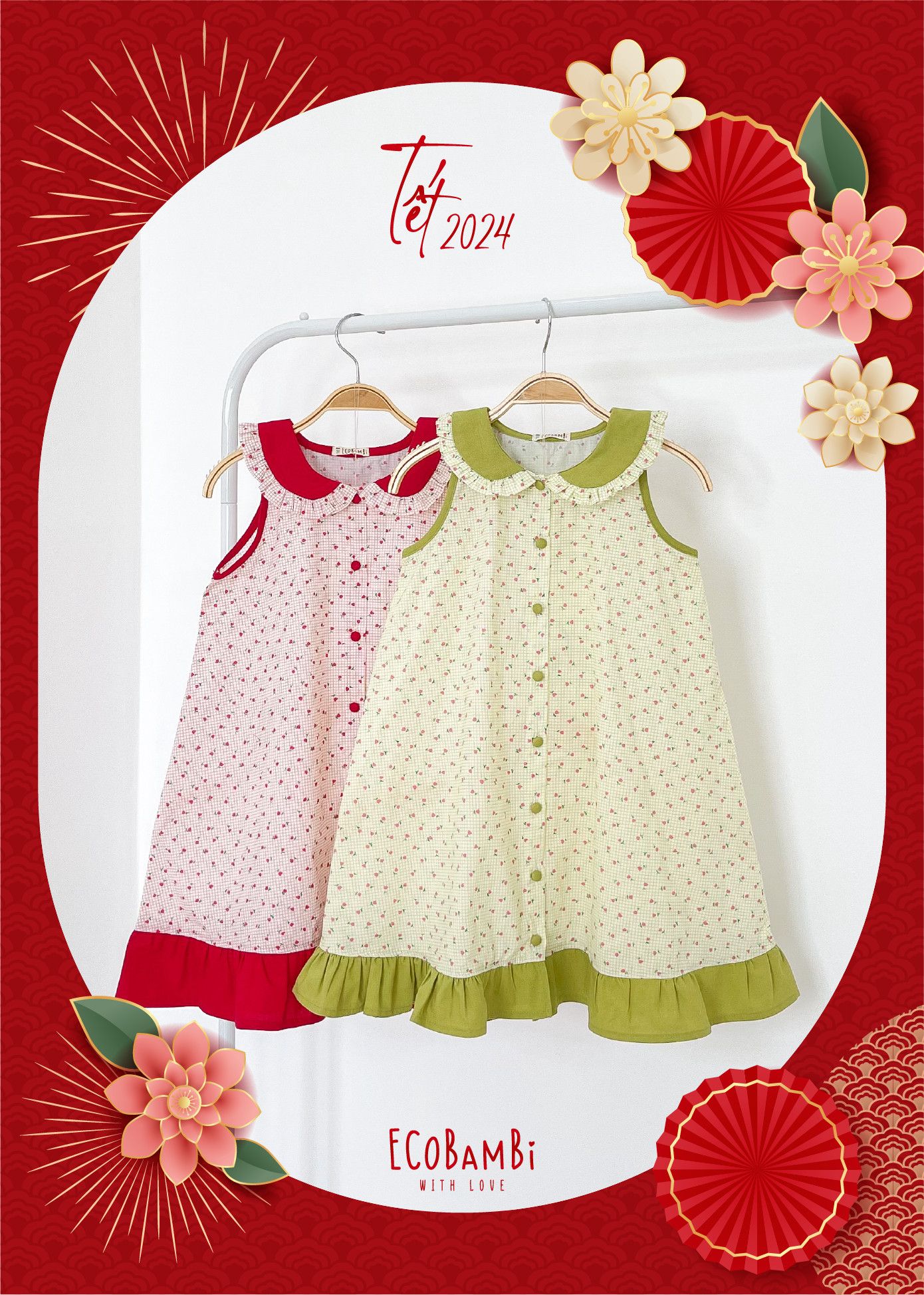 Đầm xoè đuôi cá cổ lá sen, thiết kế mang đậm phong cách Vintage cao cấp dành cho bé gái chất liệu linen - cotton in hoạ tiết hoa nhí ECOBAMBI - 8935334000858