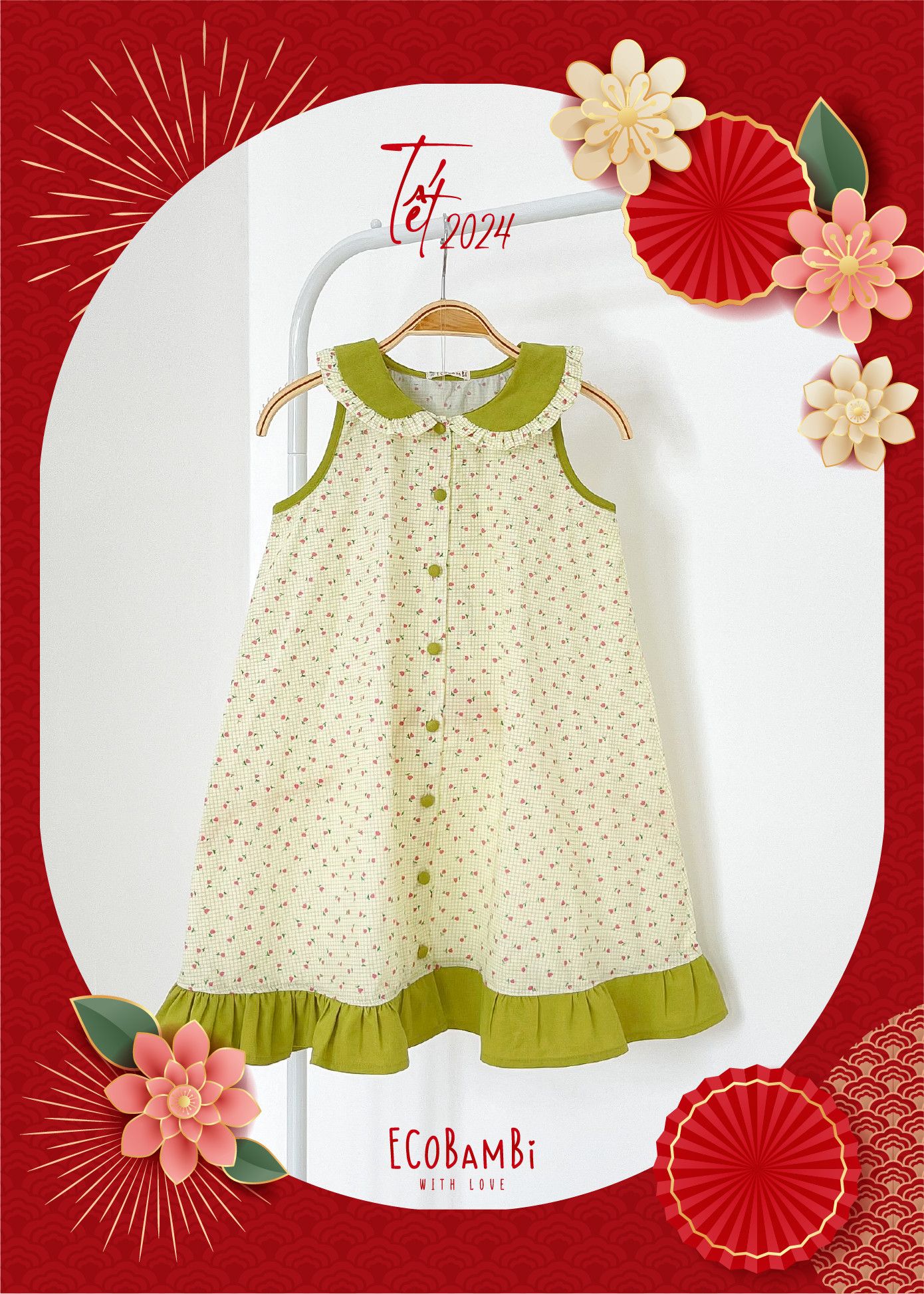 Đầm xoè đuôi cá cổ lá sen, thiết kế mang đậm phong cách Vintage cao cấp dành cho bé gái chất liệu linen - cotton in hoạ tiết hoa nhí ECOBAMBI - 8935334000858
