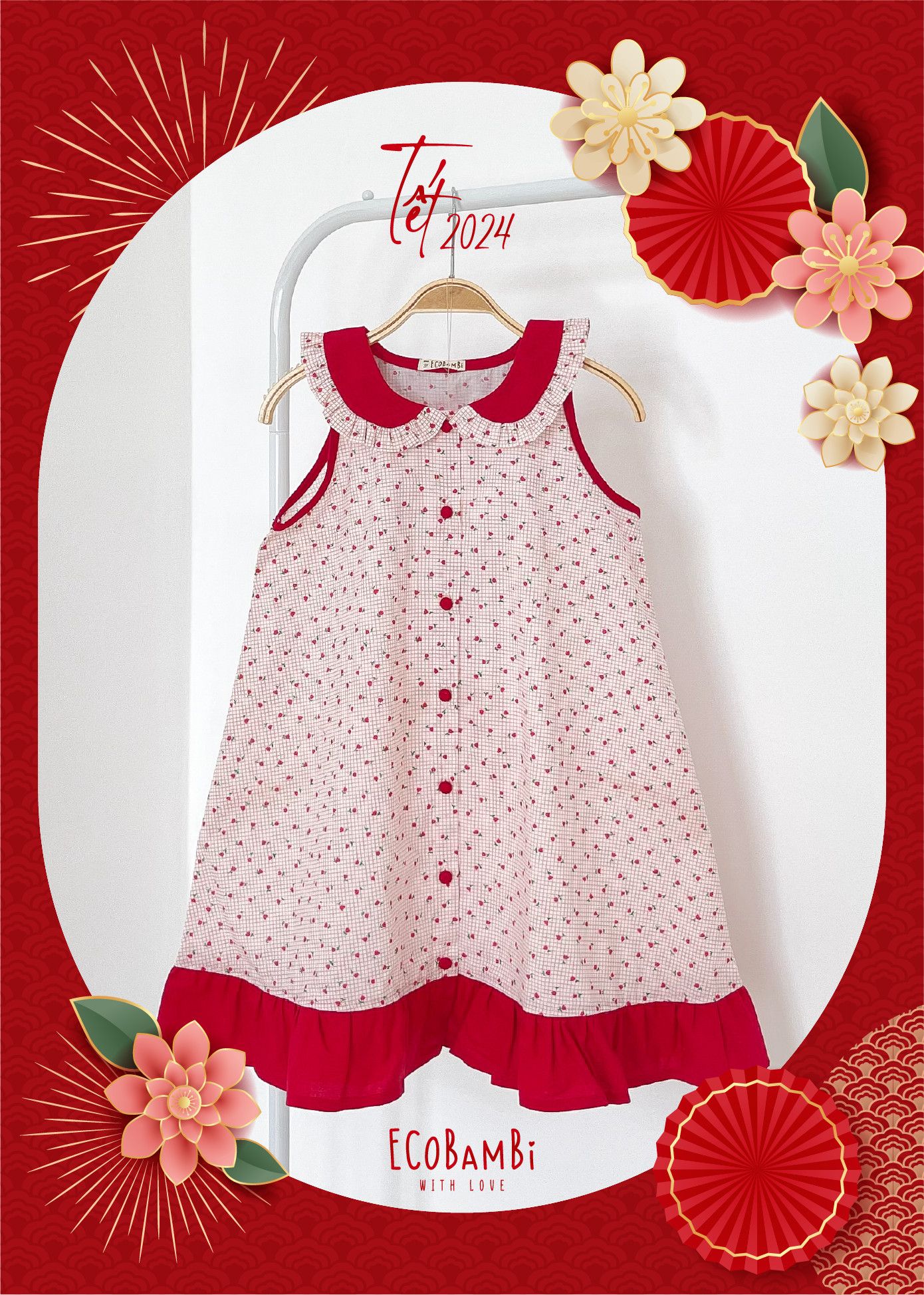 Đầm xoè đuôi cá cổ lá sen, thiết kế mang đậm phong cách Vintage cao cấp dành cho bé gái chất liệu linen - cotton in hoạ tiết hoa nhí ECOBAMBI - 8935334000858
