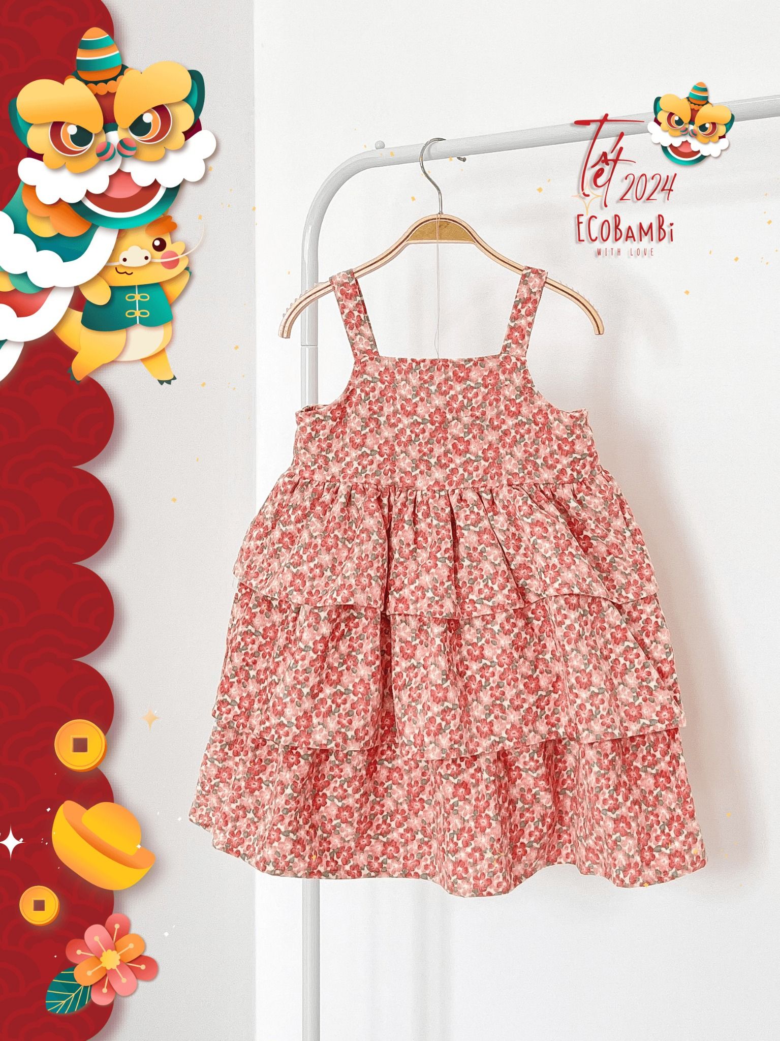 Đầm tầng công chúa 2 dây thiết kế phong cách vintage dành cho tiểu công chúa, chất liệu vải nhung tăm cao cấp ECOBAMBI - 8935334000896