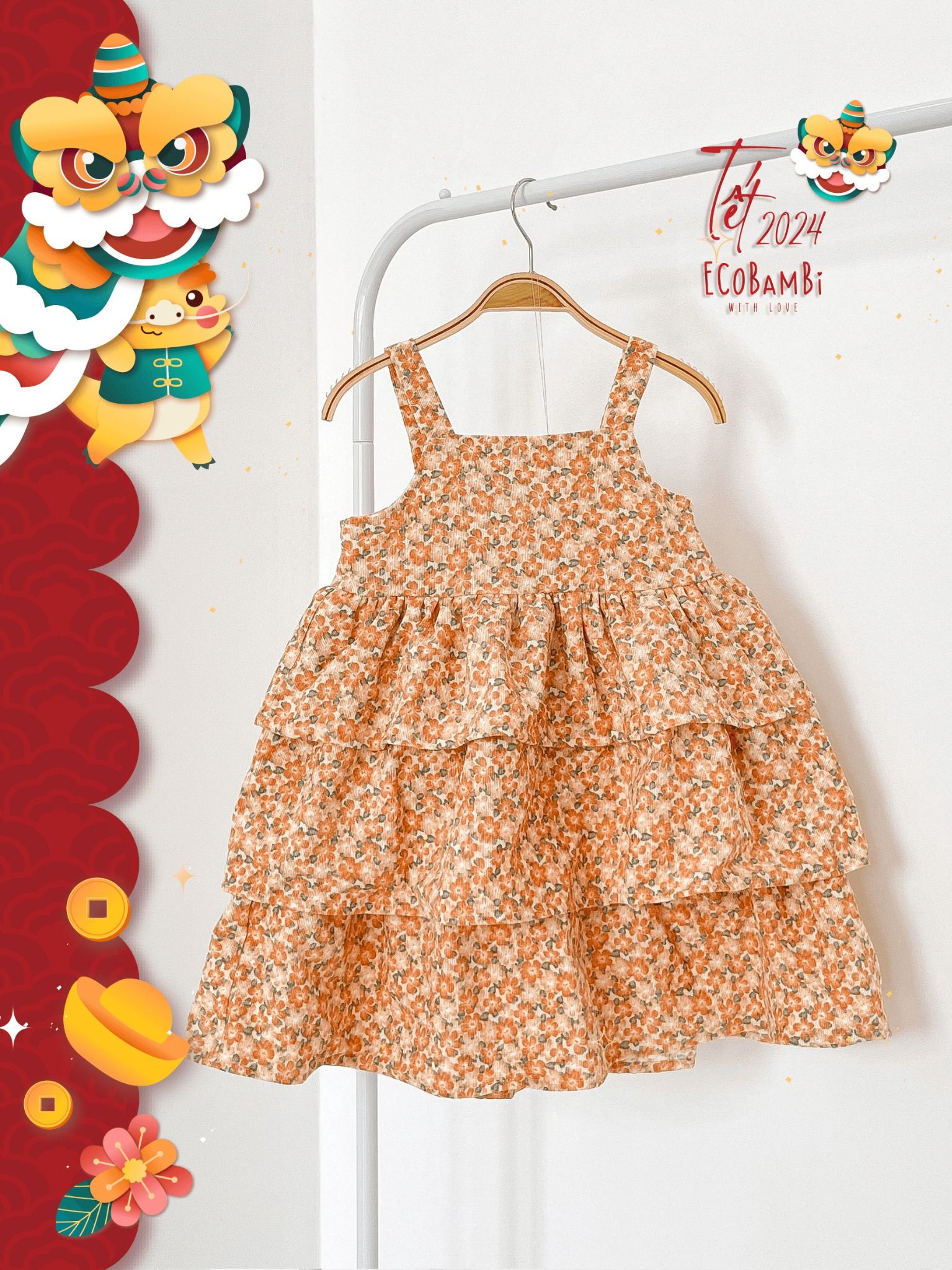 Đầm tầng công chúa 2 dây thiết kế phong cách vintage dành cho tiểu công chúa, chất liệu vải nhung tăm cao cấp ECOBAMBI - 8935334000896