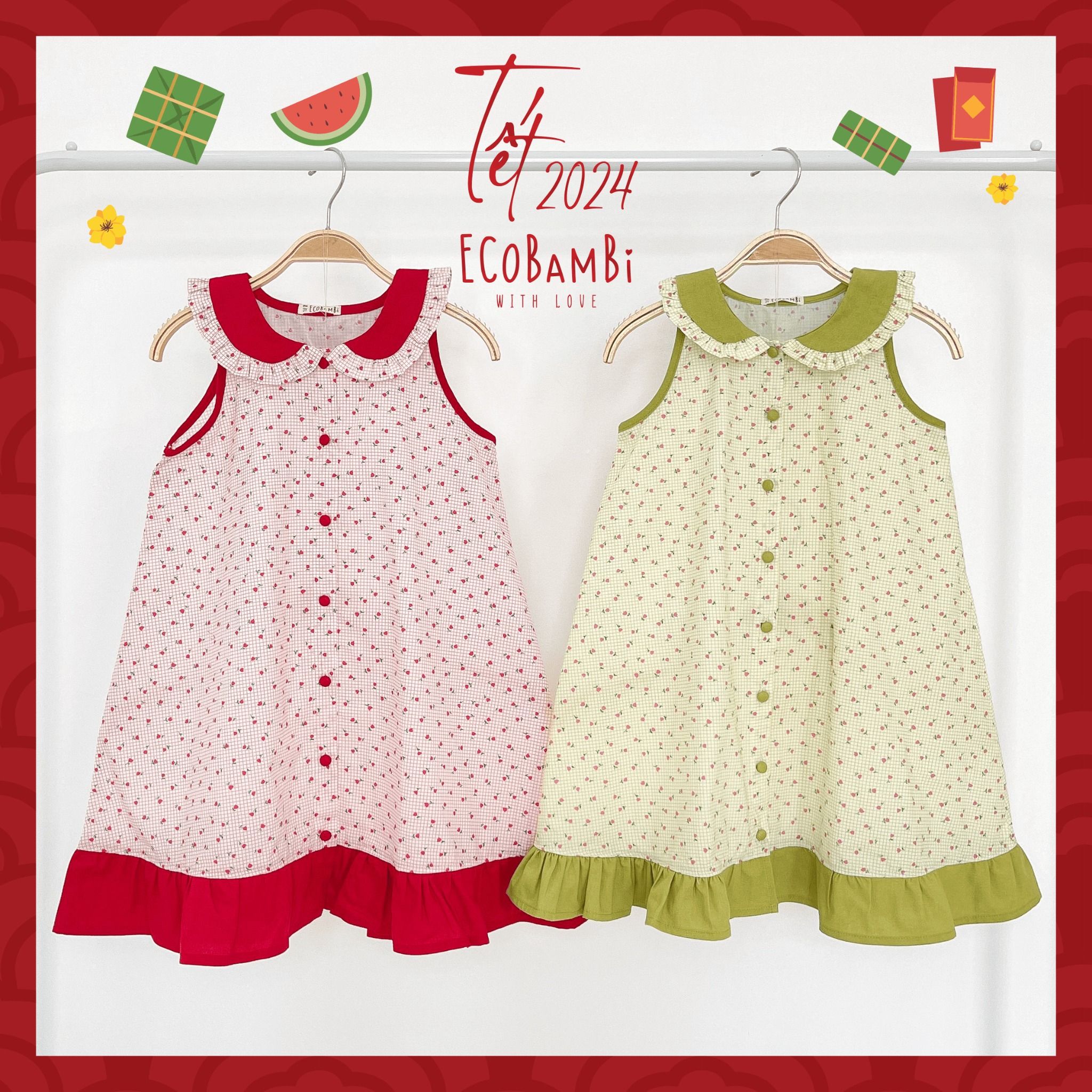 Đầm xoè đuôi cá cổ lá sen, thiết kế mang đậm phong cách Vintage cao cấp dành cho bé gái chất liệu linen - cotton in hoạ tiết hoa nhí ECOBAMBI - 8935334000858