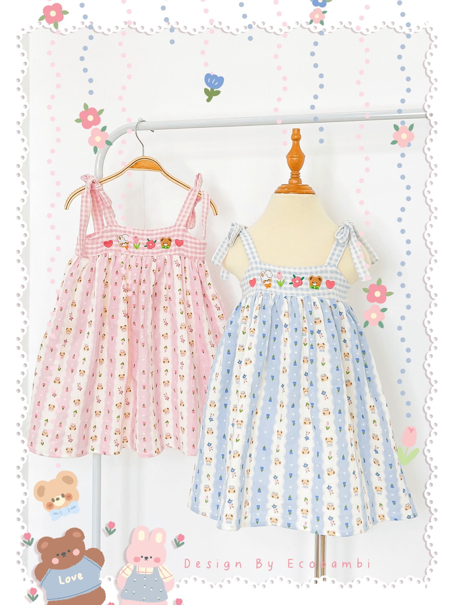 Đầm muslin phối caro, thêu hoa bé gái ECOBAMBI - BB-23DAMBG058 - 8935334001428