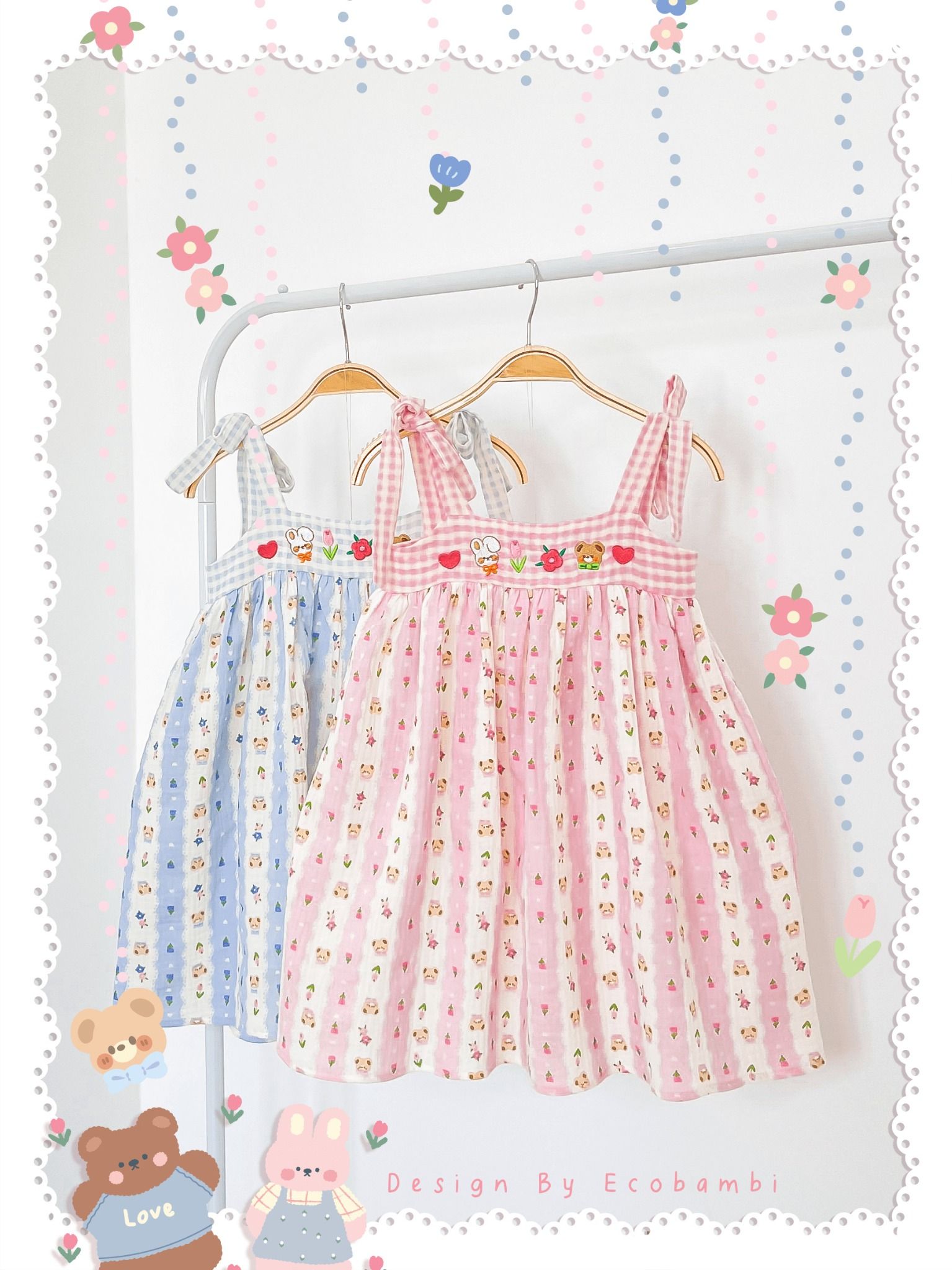 Đầm muslin phối caro, thêu hoa bé gái ECOBAMBI - BB-23DAMBG058 - 8935334001428