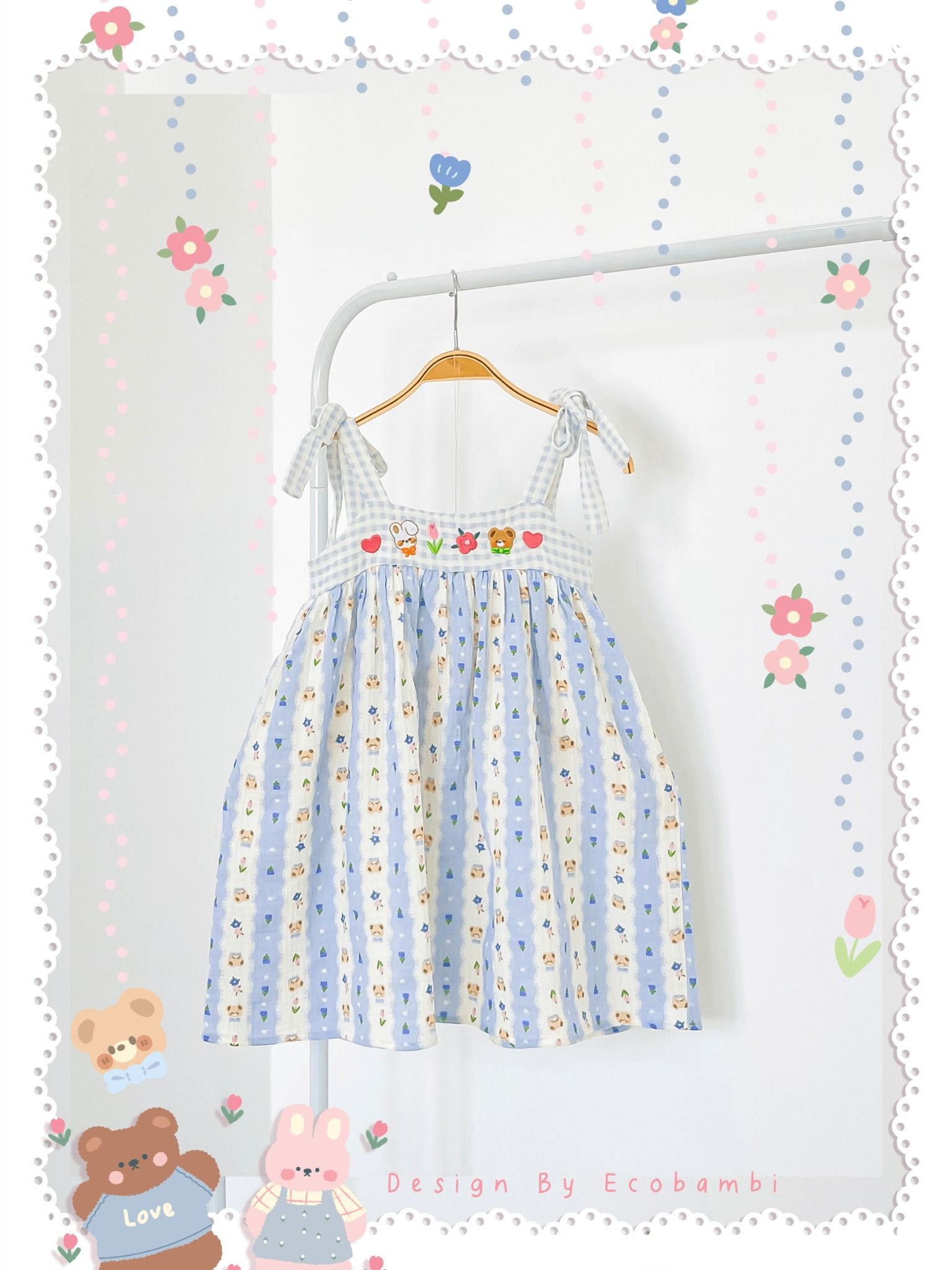 Đầm muslin phối caro, thêu hoa bé gái ECOBAMBI - BB-23DAMBG058 - 8935334001428
