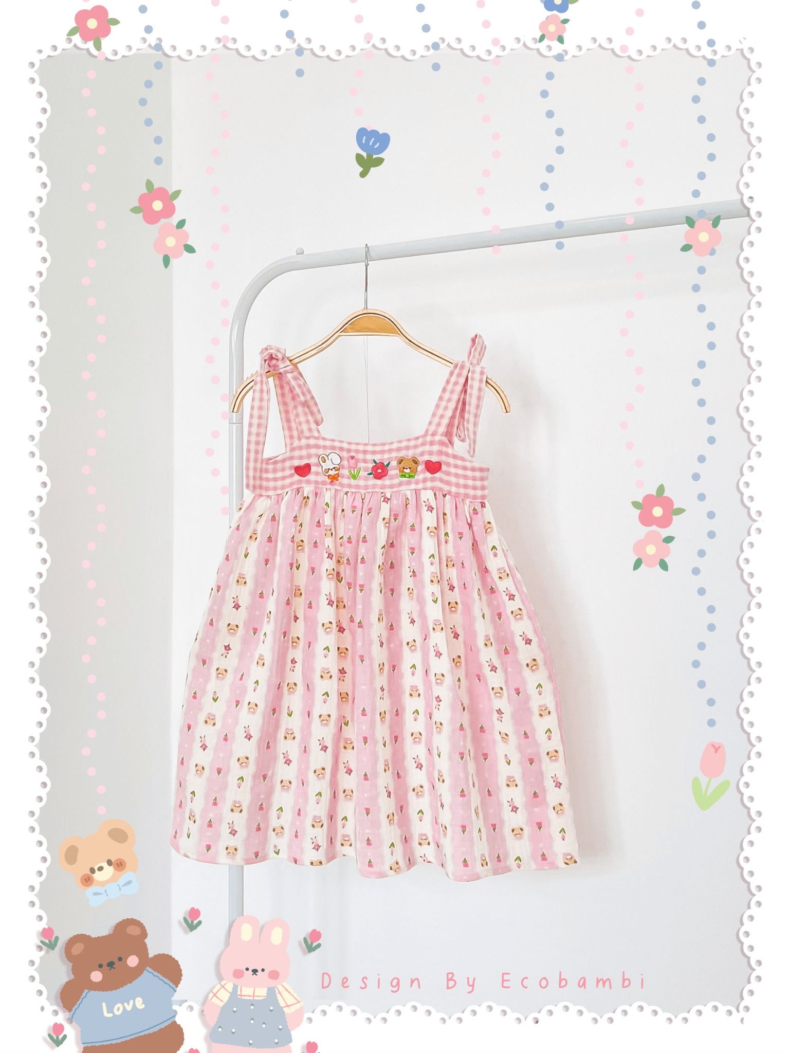 Đầm muslin phối caro, thêu hoa bé gái ECOBAMBI - BB-23DAMBG058 - 8935334001428