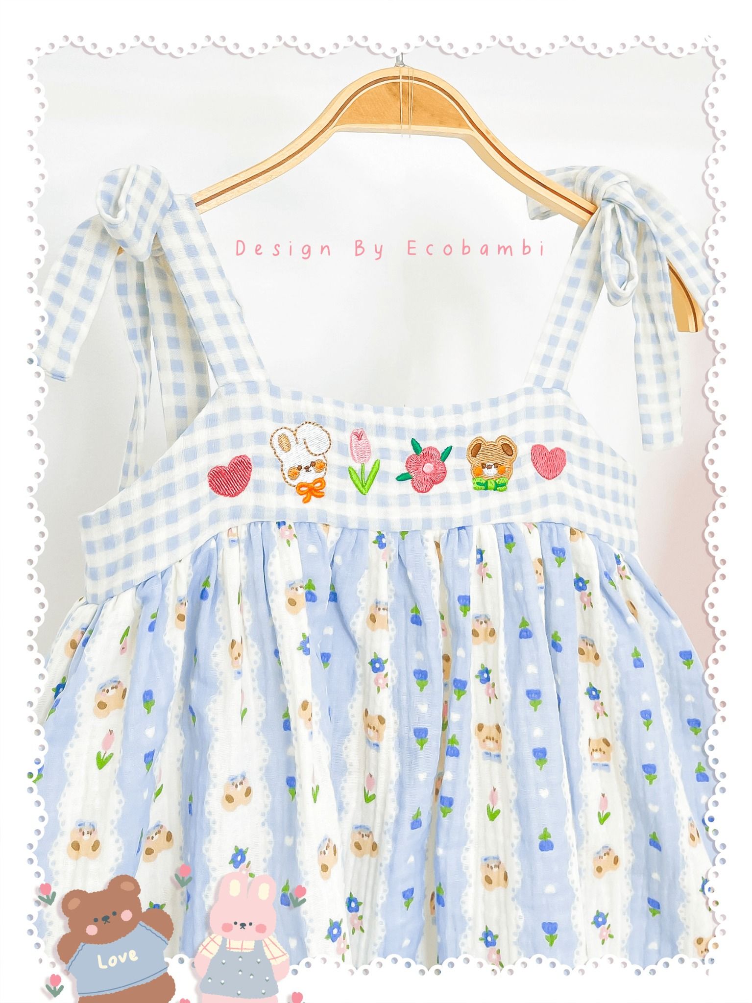 Đầm muslin phối caro, thêu hoa bé gái ECOBAMBI - BB-23DAMBG058 - 8935334001428