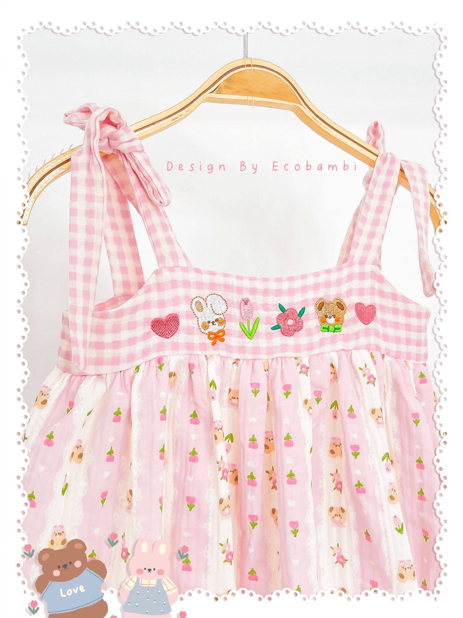 Đầm muslin phối caro, thêu hoa bé gái ECOBAMBI - BB-23DAMBG058 - 8935334001428