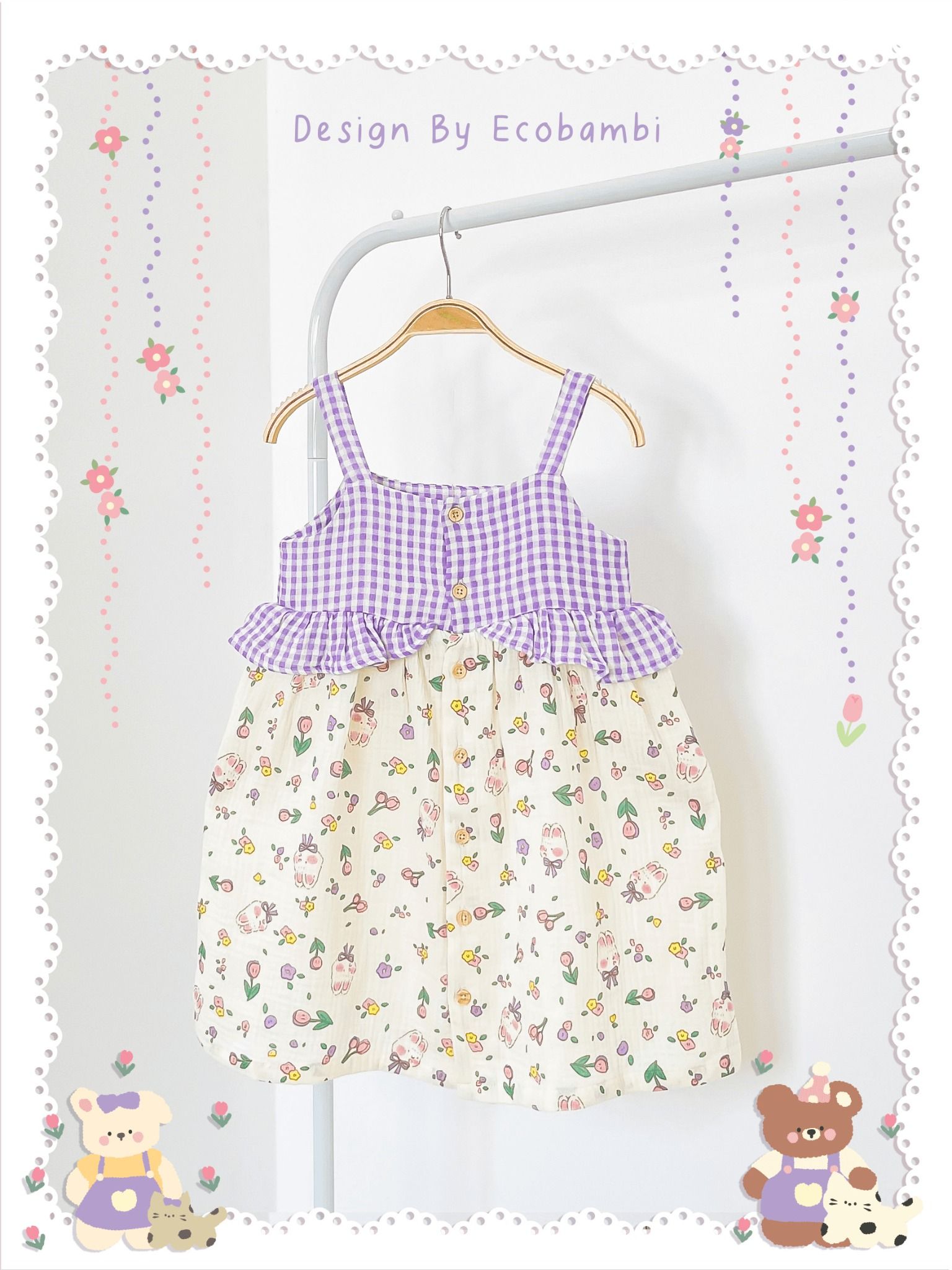 Đầm muslin 2 dây phối bèo caro bé gái ECOBAMBI - BB-23DAMBG060 - 8935334001435