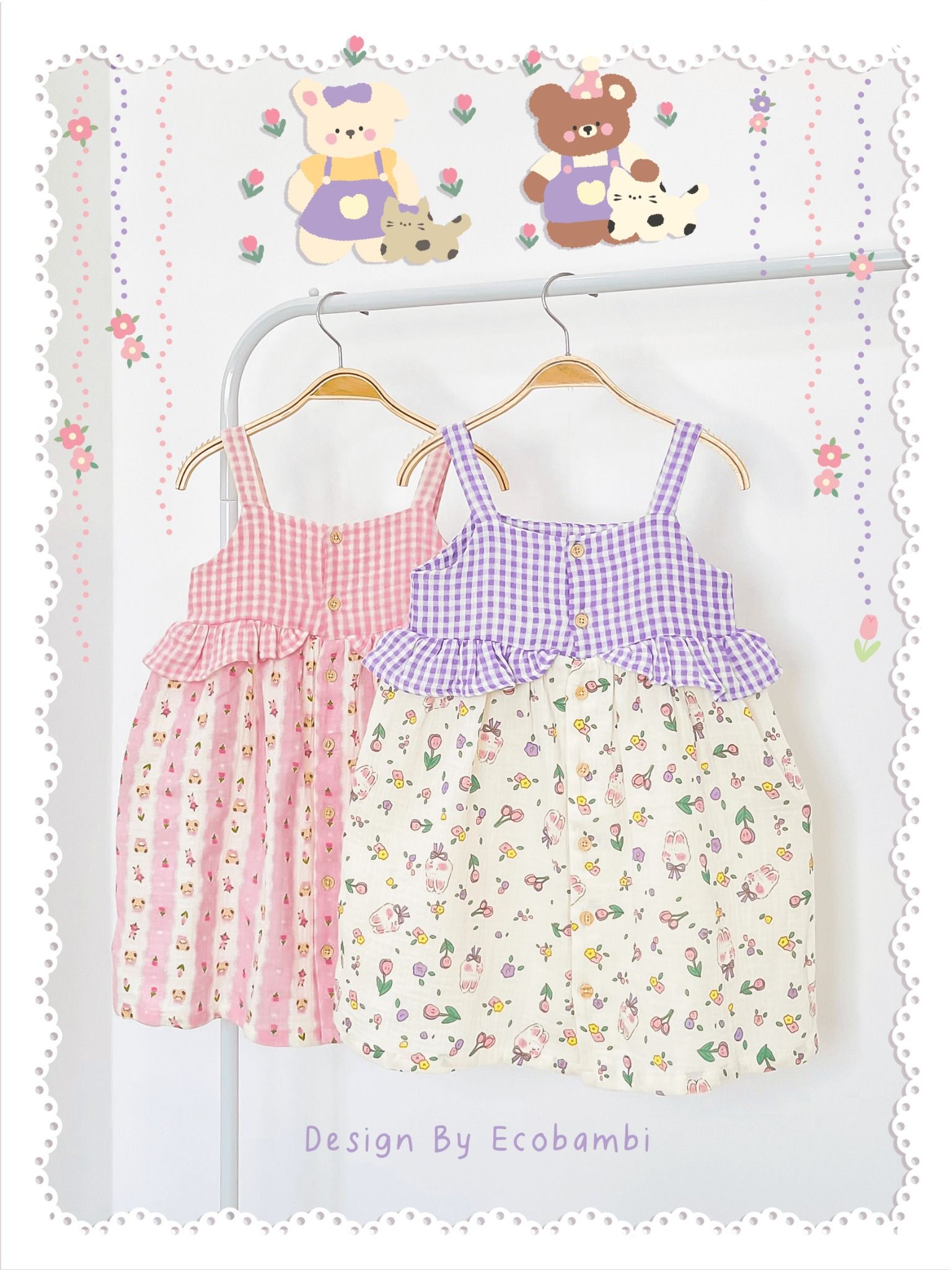 Đầm muslin 2 dây phối bèo caro bé gái ECOBAMBI - BB-23DAMBG060 - 8935334001435