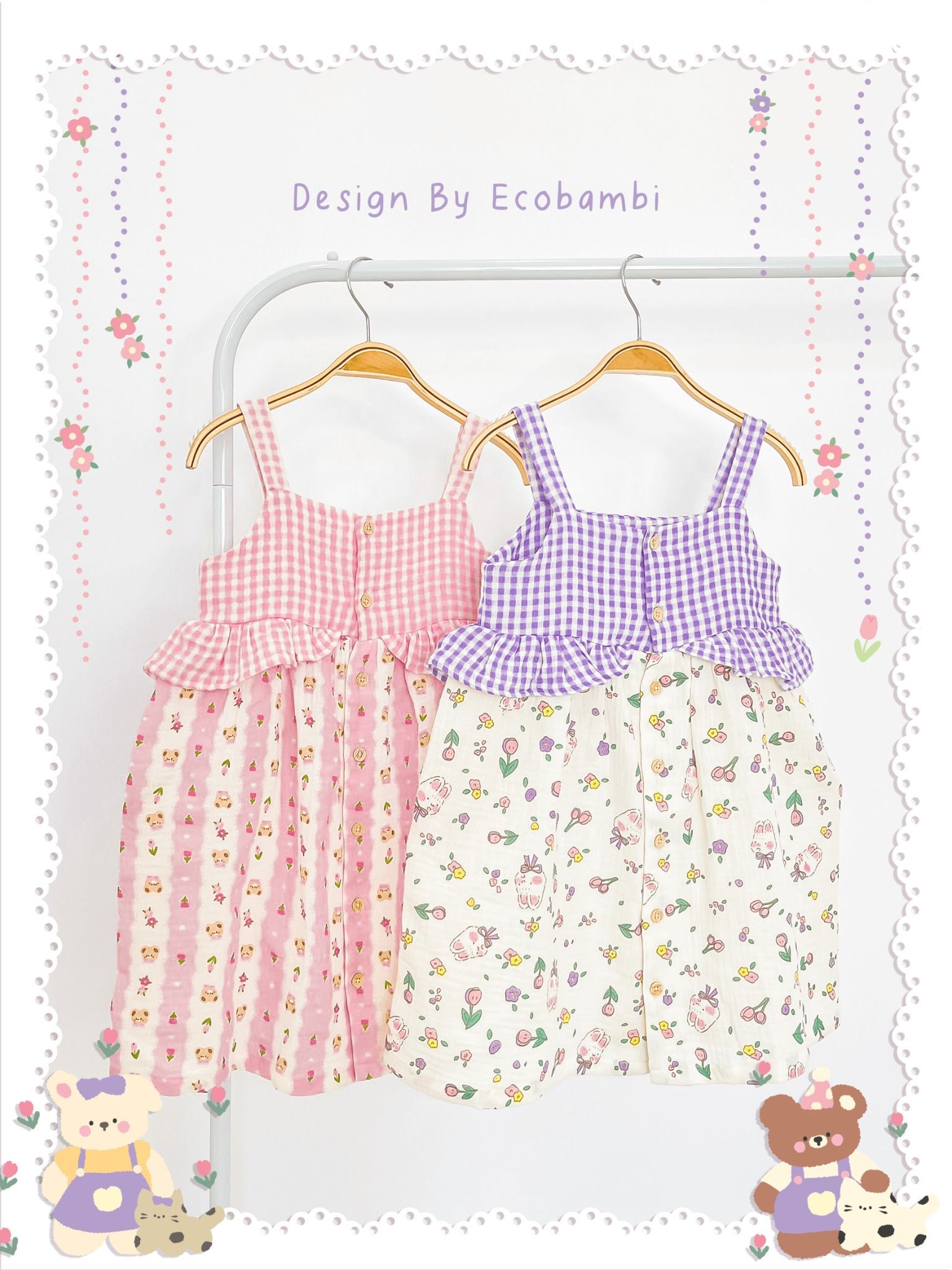 Đầm muslin 2 dây phối bèo caro bé gái ECOBAMBI - BB-23DAMBG060 - 8935334001435